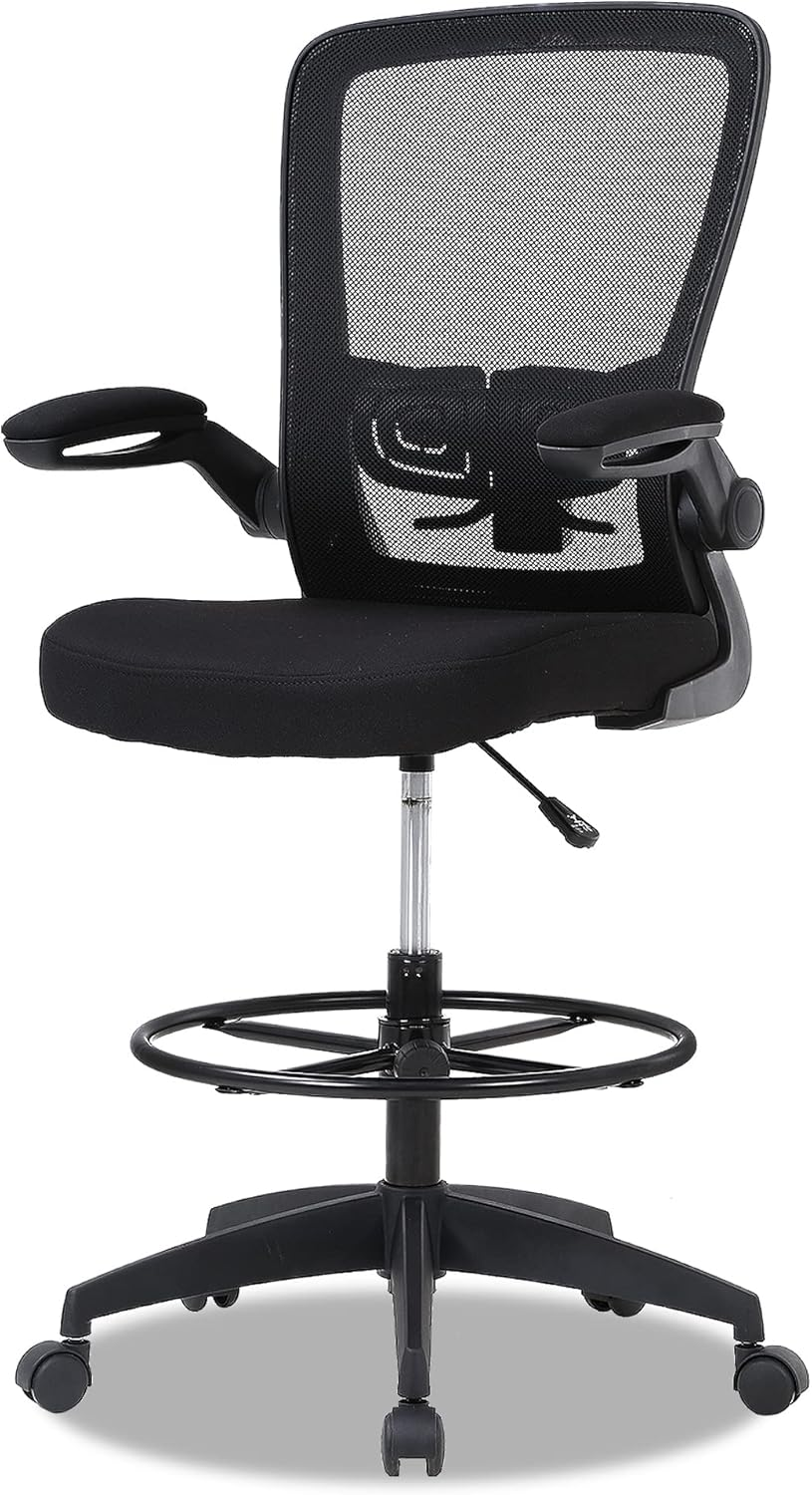 Drafting Chair Tall Office Chair Mid-Back Mesh Ergonomic Computer Chair High Adjustable Standing Desk Chair with Lumbar Support Adjustable Foot Ring and Flip-Up Arms (Black)