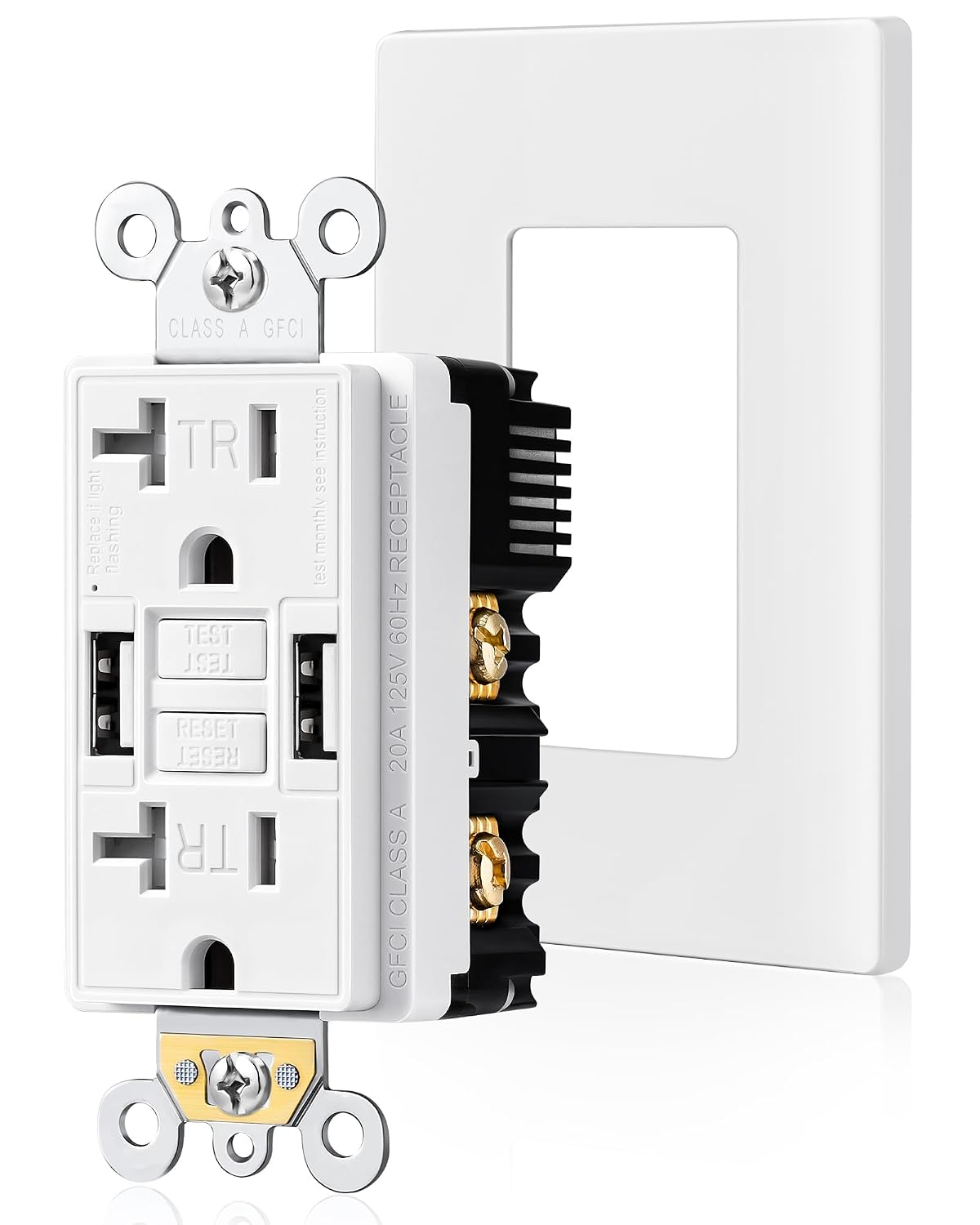 20 Amp GFCI Outlet Combination with Dual USB-A Ports, ETL Listed | 5V/4.8A Total Output, Screwless Wall Plate Included,Tamper-Resistant GFCI Outlet with Dual USB-A Ports for Kitchen & Bathroom
