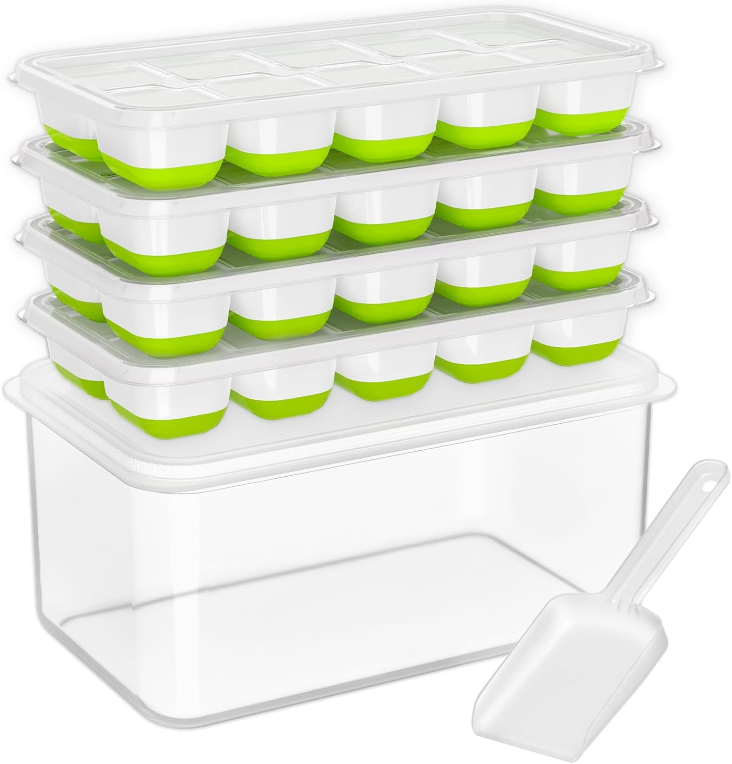 Ice Cube Tray with Lid and Bin - 4 Pack Silicone Ice Cube Trays for Freezer, Stackable Ice Bucket Kits with Storage Container & Scoop for Kitchen, RV, Cocktail, Coffee