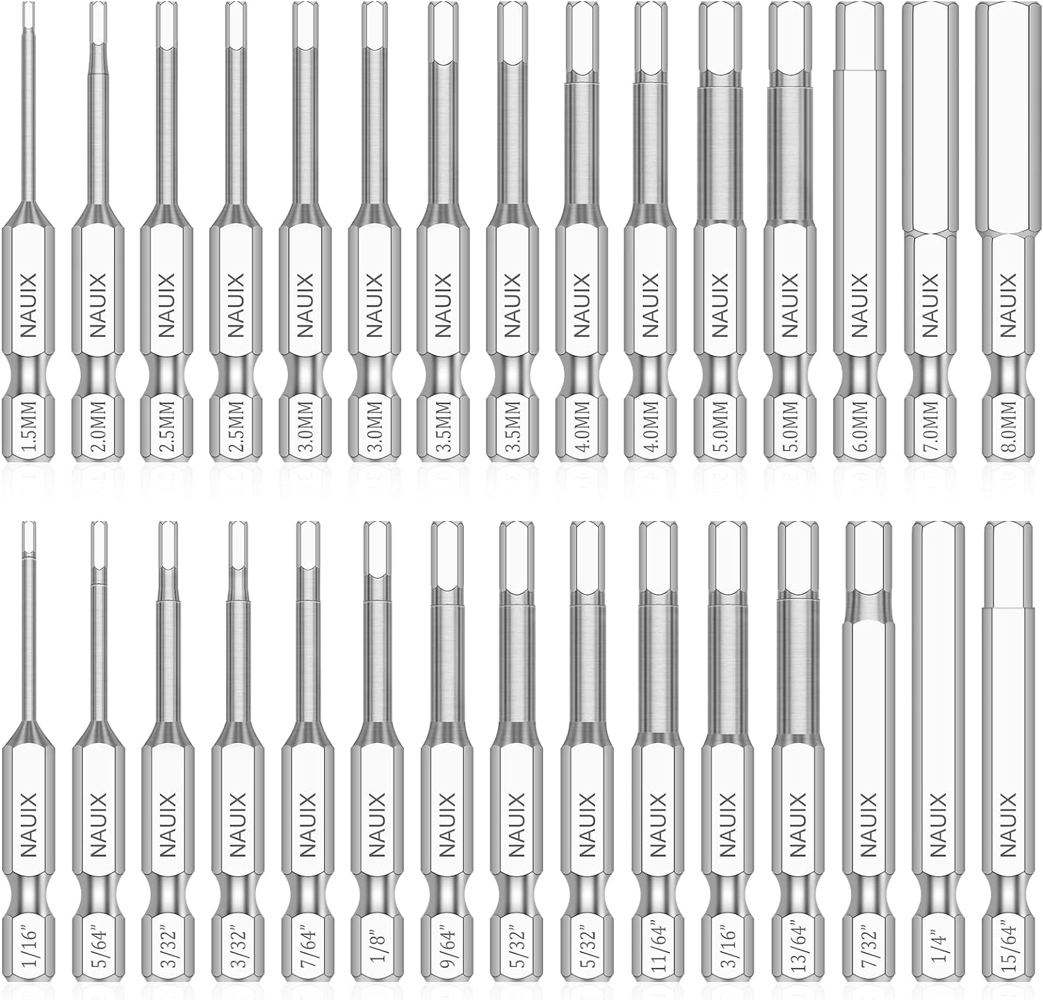 30 Piece Hex Head Allen Wrench Drill Bit Set, 1/4 Inch Hex Shank Metric and SAE S2 Steel Hex Bit Set, Magnetic Tips 50Mm Long (SAE+METRIC HEX BITS)