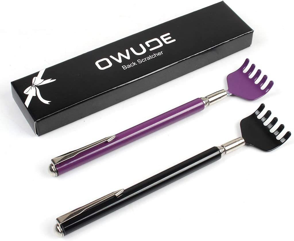 Portable Extendable Back Scratcher,  Telescoping Scratcher Tetractable Bear Claw Metal Hand Massager Tool Pack of 2 (Black + Purple) (Style 1)