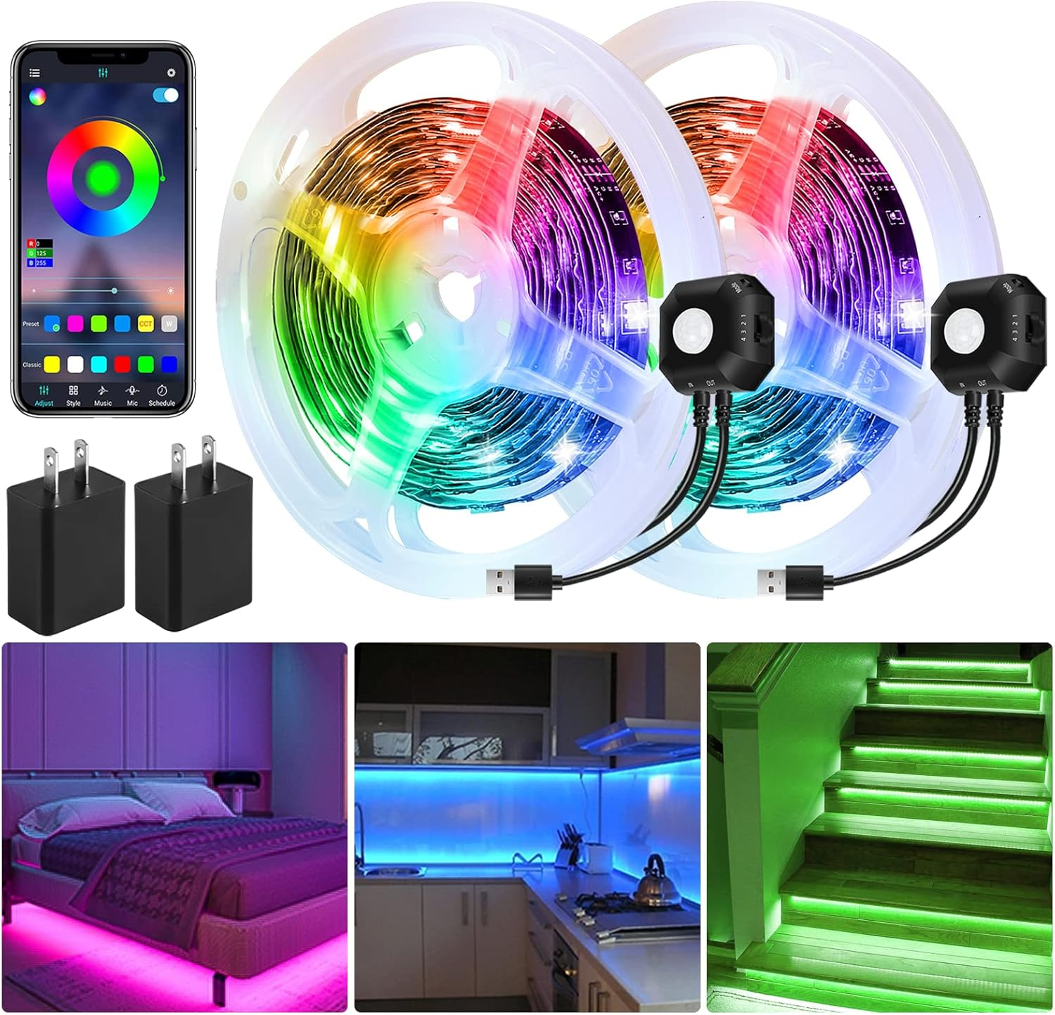 Motion Activated under Bed Light Strips, 2X9.8Ft RGB Motion Sensor LED Light Strip with App Control, USB 5V Dimmable LED Night Light with 4 Timing off Modes for Bed Wardrobe Cabinet Staircase Decor