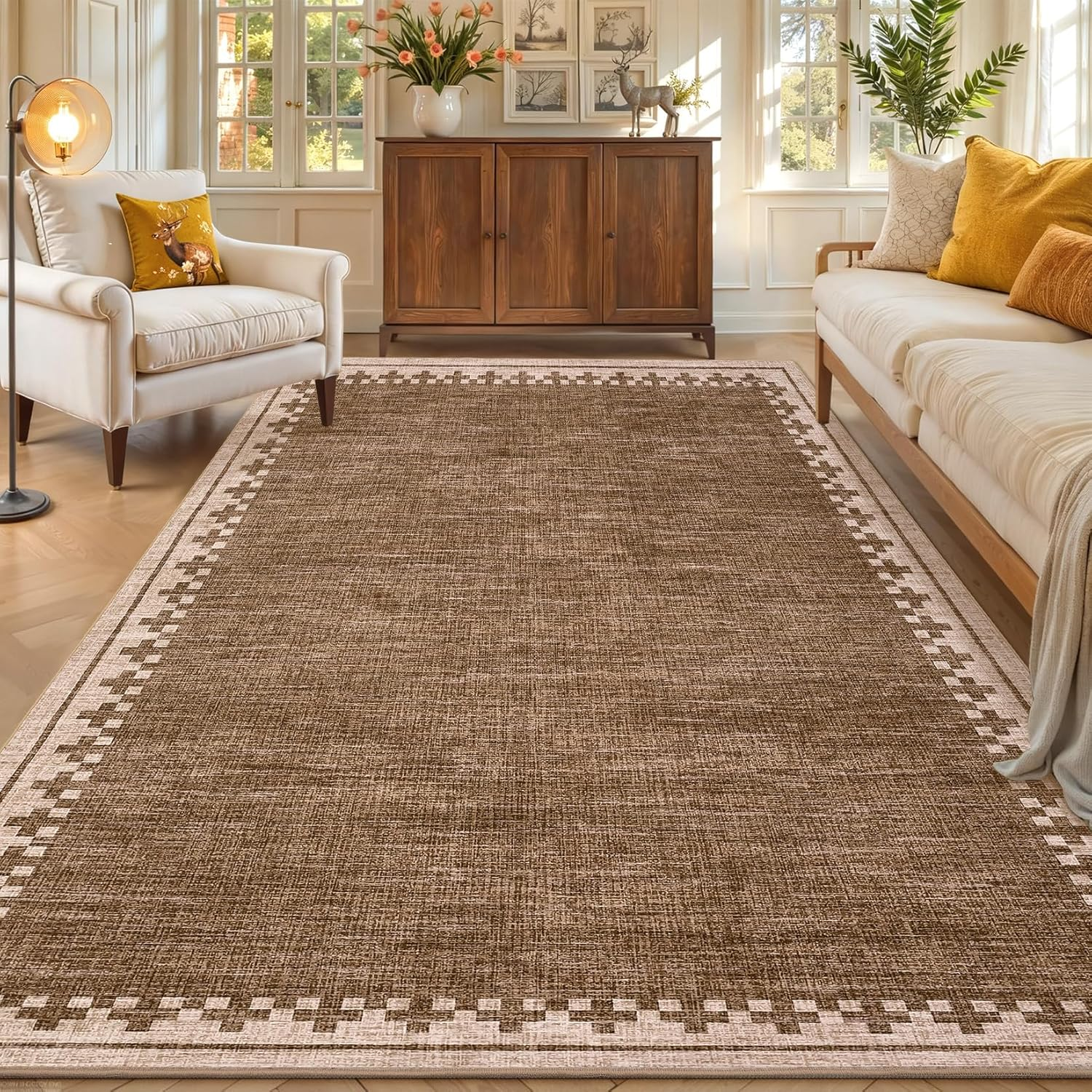 Modern10X13 Washable Bordered Area Rug for Living Room Bedroom Neutral Non Slip Stain Resistant Large Indoor Carpet Foldable Low Pile Dining Room Home Office Rugs, Brown