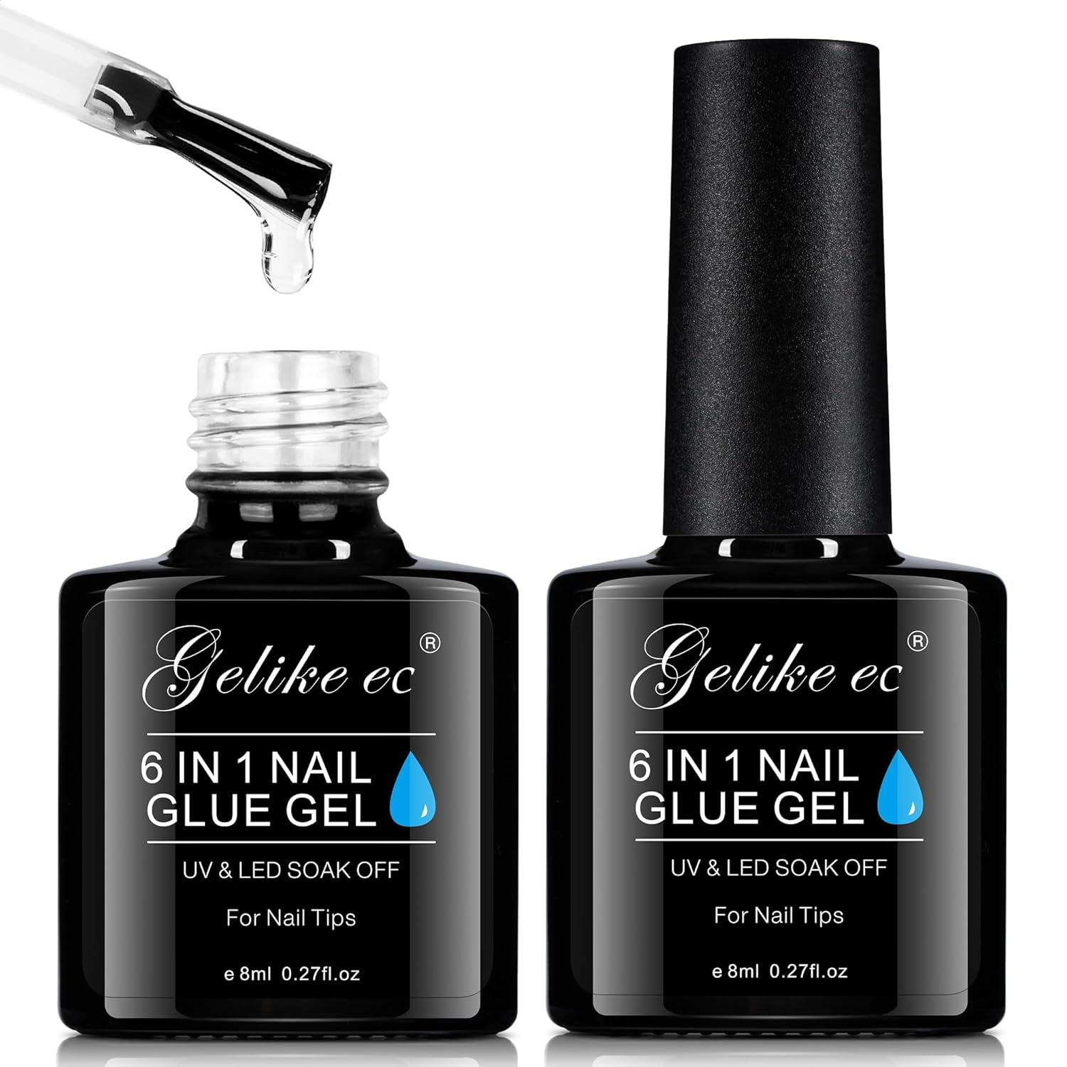 Gelike EC 2Pcs Nail Glue Gel 6 in 1 for Acrylic Nails Long Lasting, Curing Neede