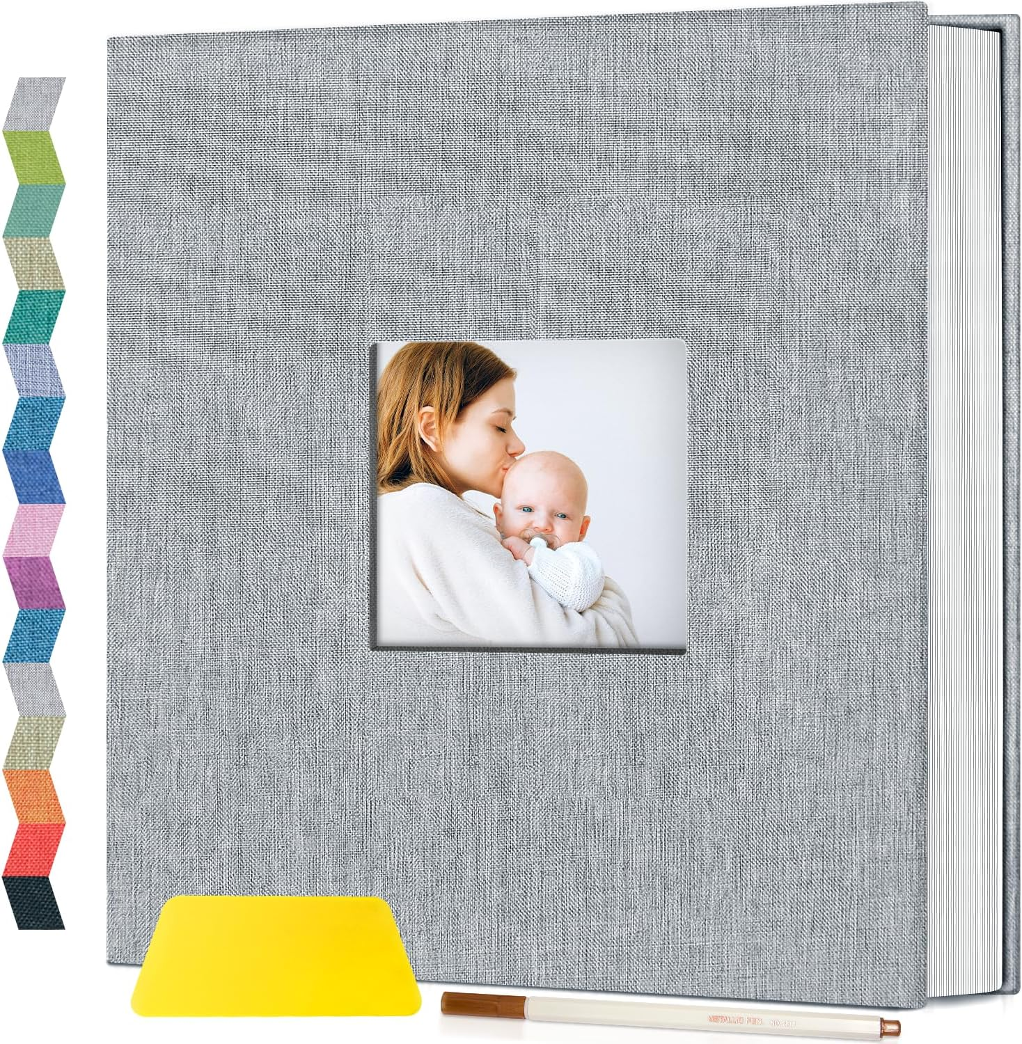 Photo Album Self Adhesive with Picture Display Window,40 Pages DIY Baby Memory Book for 4X6 8X10 Picture,Linen Cover Scrapbooking Supplies Kit for Wedding,With Scraper and Metallic Pen