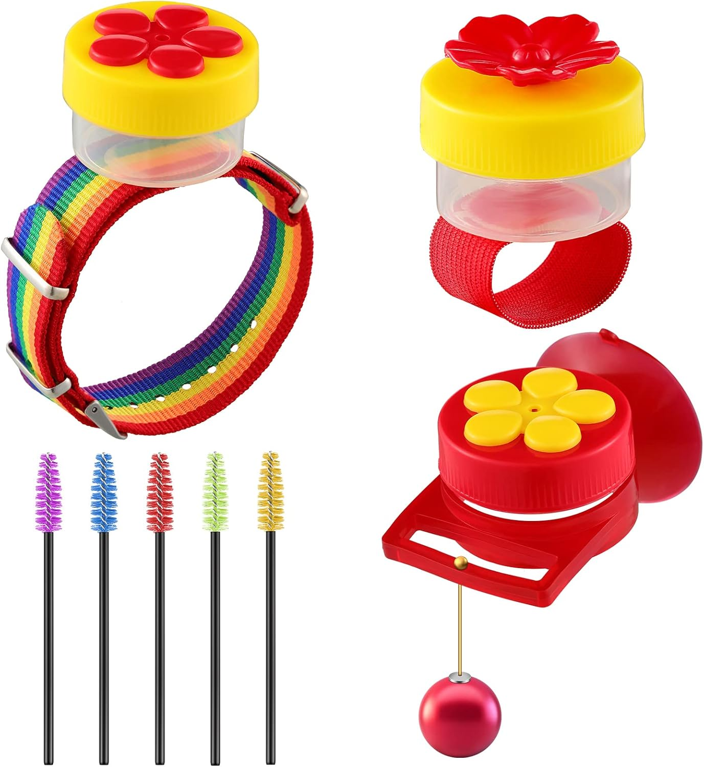 Hummingbird Hand Feeder Set 3 Packs Handheld Feeders Adjustable Wrist Hand Feeders Suction Cup with Perches Hummingbird Ring Feeder with 12 Cleaning Brush for Outdoors