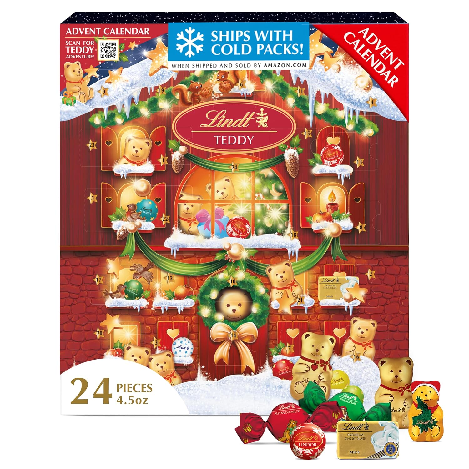 Lindt Holiday Teddy Bear Chocolate Candy Advent Calendar, 4.5 Oz.