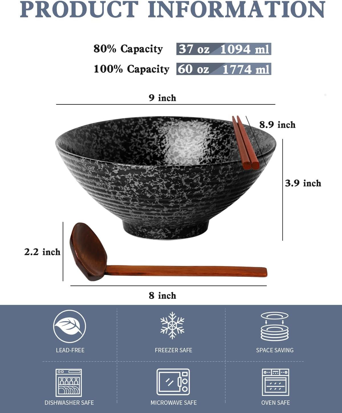 Kanwone Ceramic Japanese Ramen Bowl Set, Soup Bowls - 60 Ounce, with Matching... - Picture 5 of 14