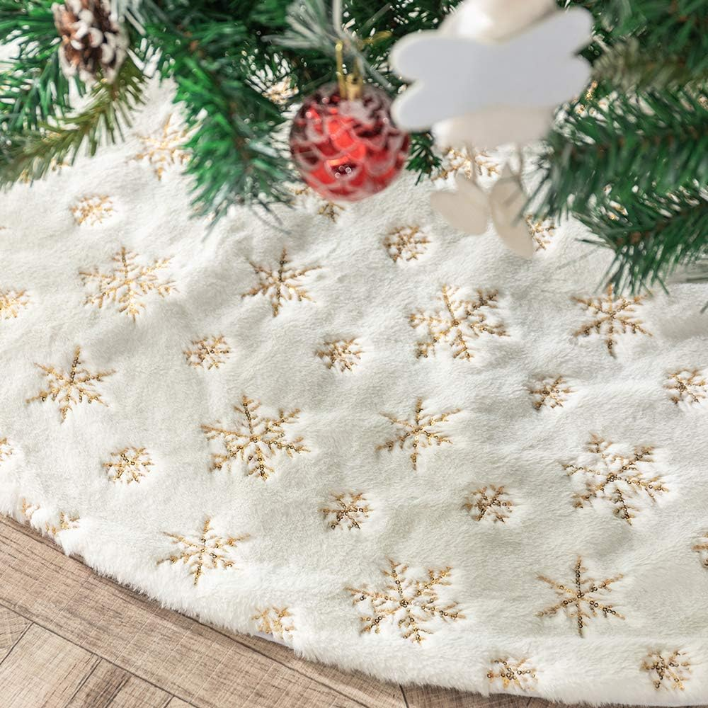 Christmas Tree Skirt 36 inches White Faux Fur Gold Snowflake Sequin Embroidered Luxury Tree Skirt Xmas Decoration