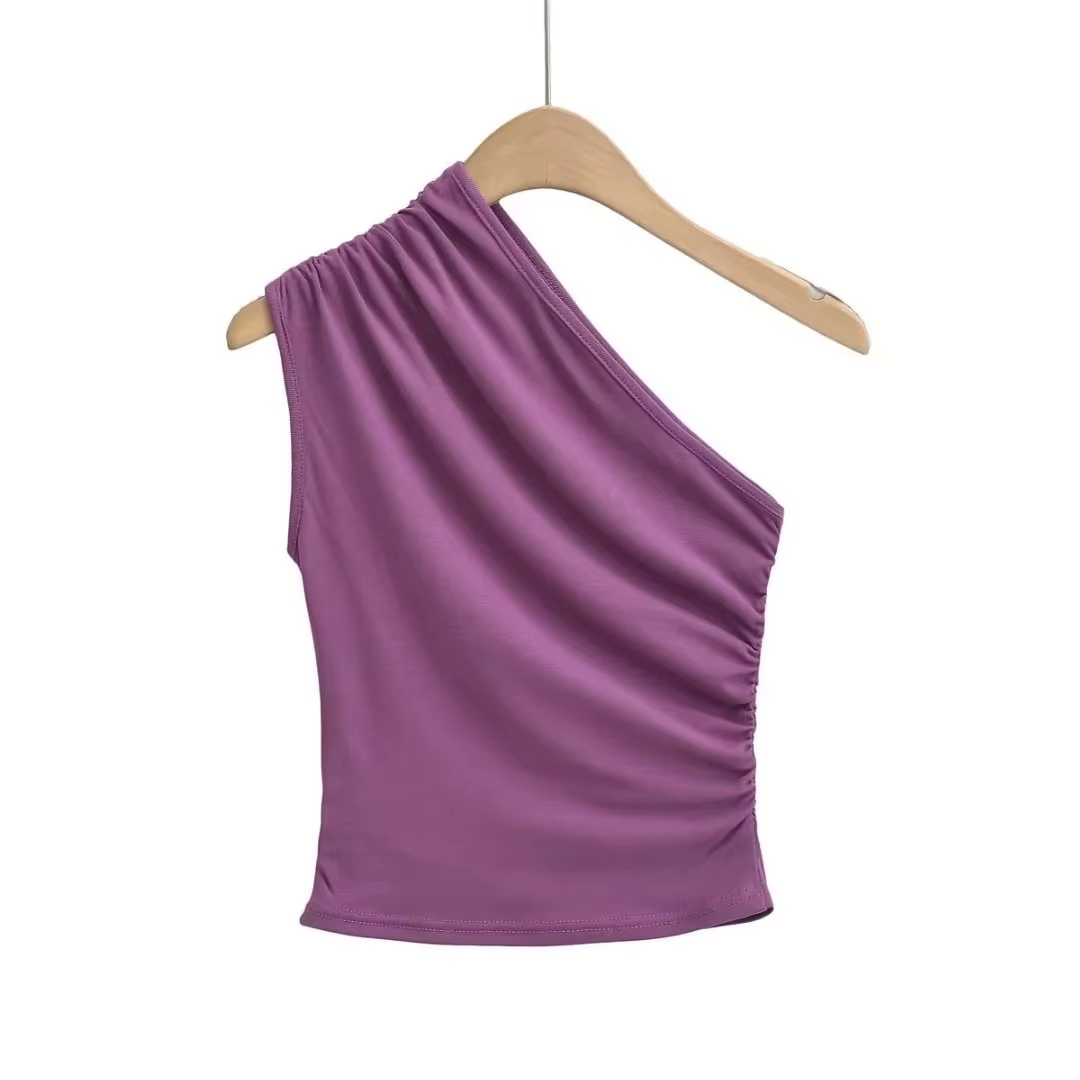 Pleated One-Shoulder Sexy Vest Top New Sexy Off-The-Shoulder T-Shirt