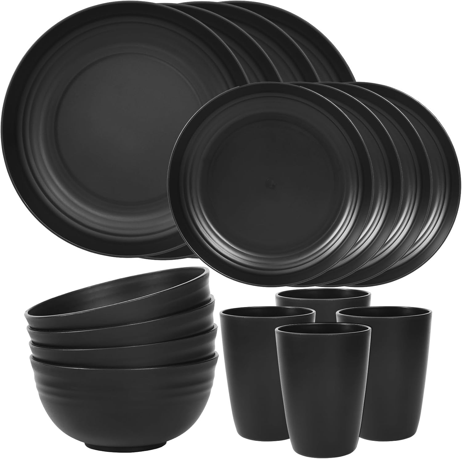 16 Piece Plates and Bowls Sets for 4, Unbreakable Dinnerware Sets, Dish Set for Camping, Dishwasher Microwave Safe, Outdoor Kitchen and Apartment Dinning RV Essentials, Black