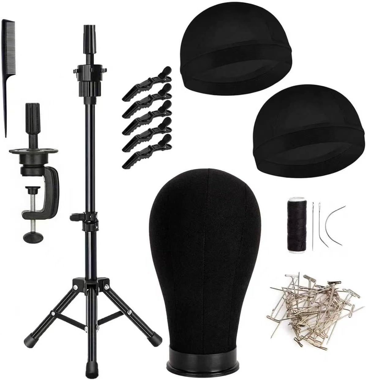 Wig Head with Stand, Canvas Mannequin Head with Wig Stand for Making Display, Cork Canvas Block Head with Wig Caps, Canvas Head with T Pins Set Hair Styling Practice Display