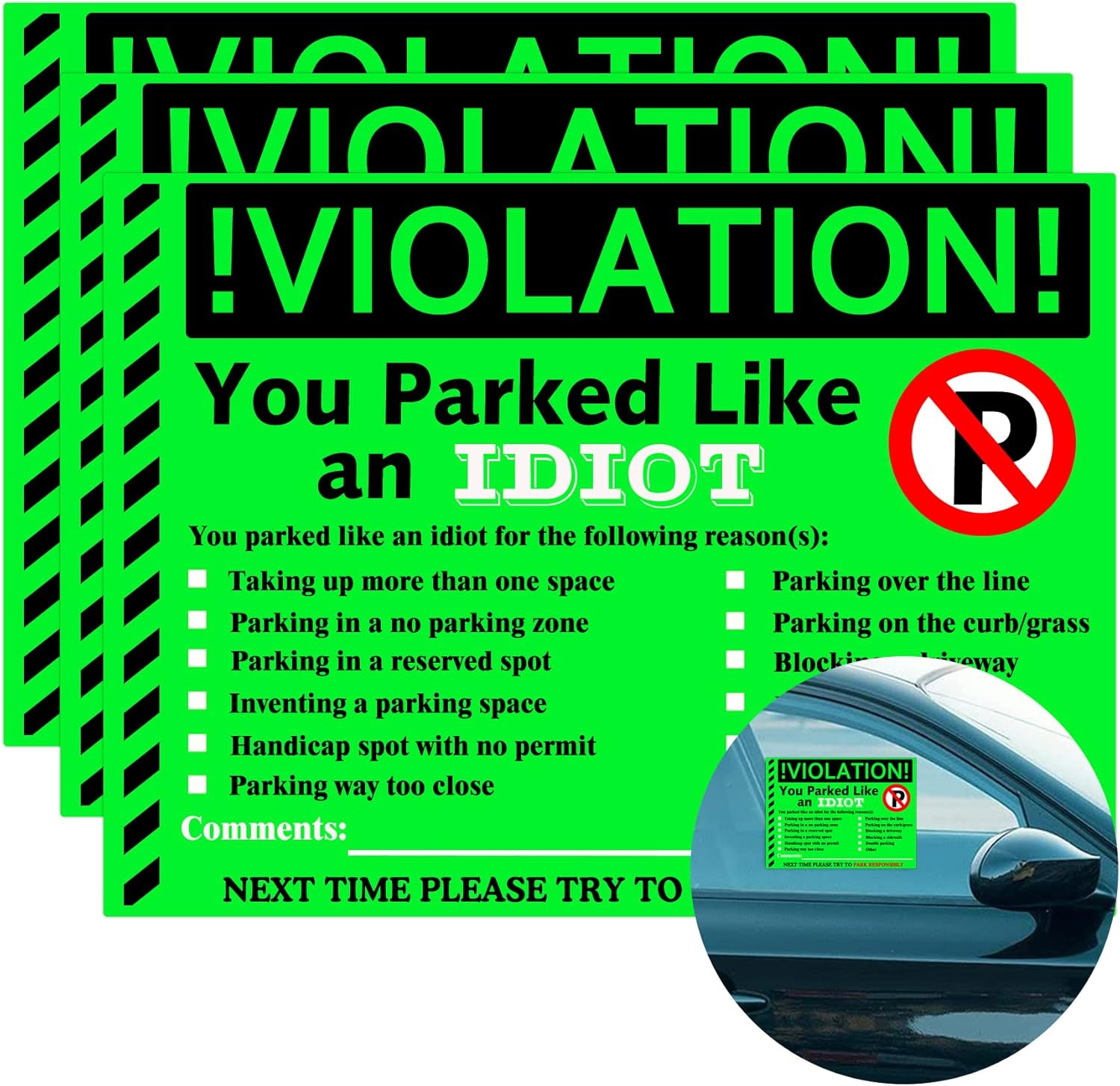 You Parked like an Idiot Business Sticker 7.5X5.5 Inch Multi Reasons Violation Bad Parking Notes Funny Labels for Hilarious Prank,Gag Gift,Stocking Stuffer 50 Pcs (Green)
