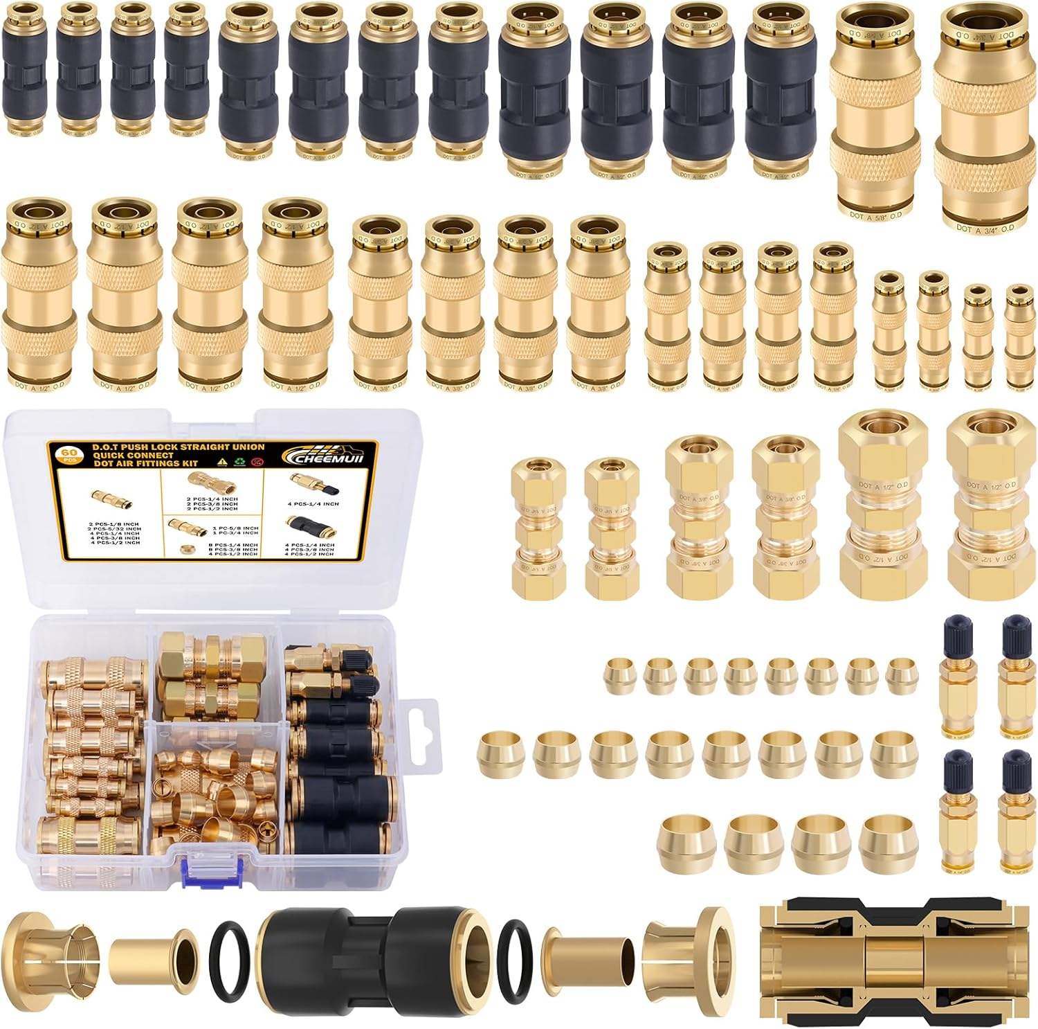 60 PCS Brass DOT Air Line Fittings Kit DOT Push Lock and Compression Air Fittings Brass Quick Connect Straight Union 1/8