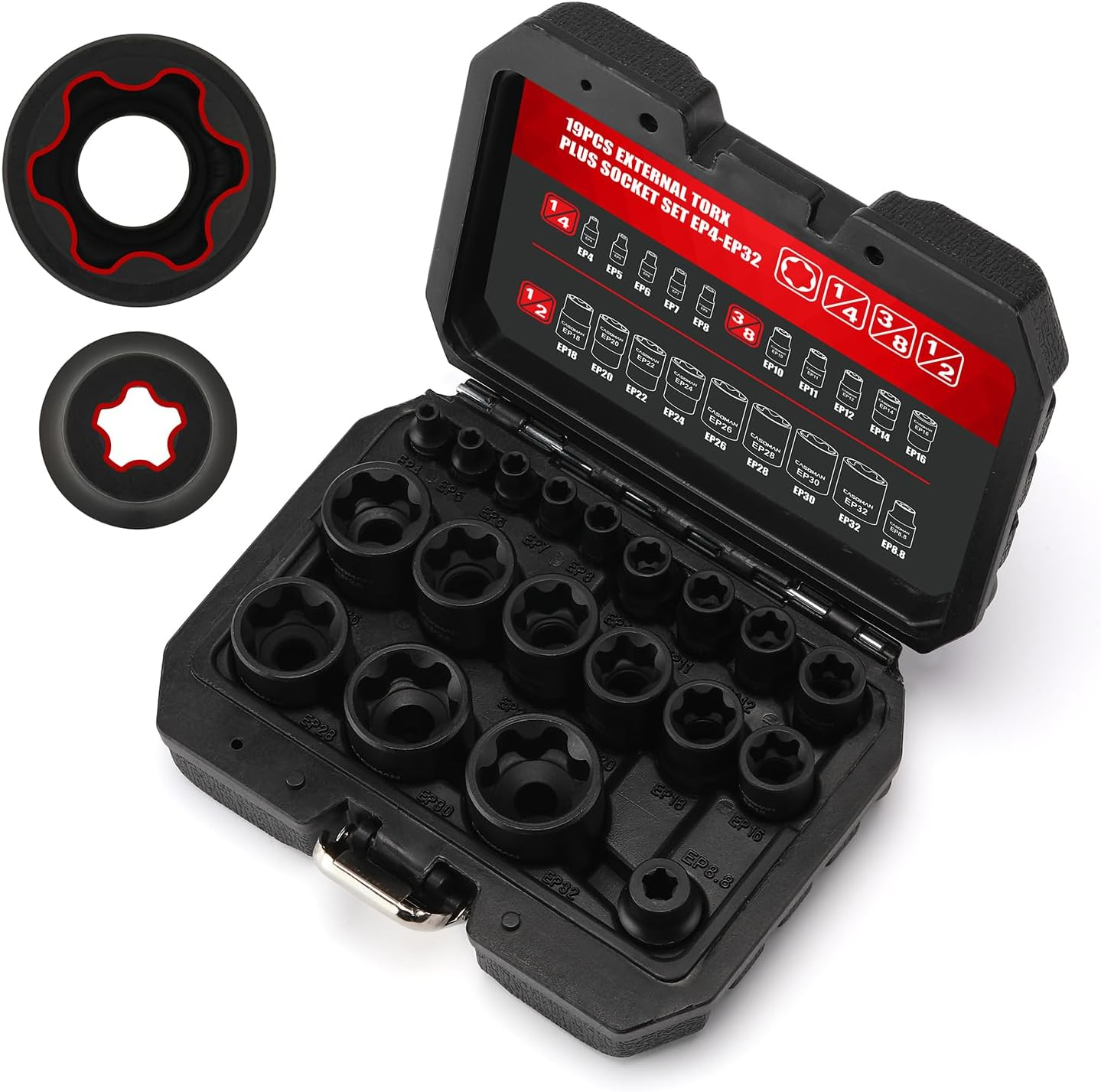 CASOMAN 19PCS External Torx plus Socket Set, 6 & 5 Point EP Sockets EP4-EP32 with 1/2'', 3/8'' & 1/4'' Dr. EP8.8 Compatible with Tesla, Cr-V Steel