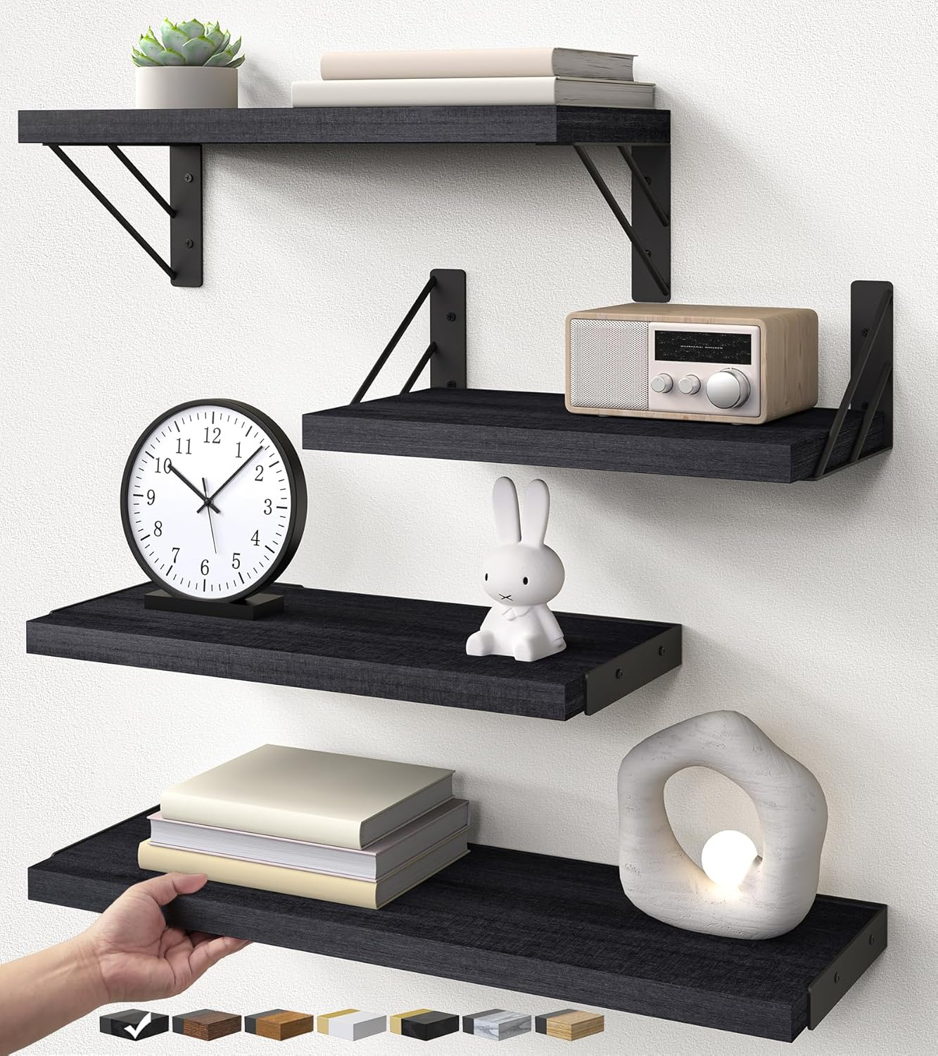 Wall Mounted Floating Bathroom Shelves, Wood Wall Shelf for Bathroom Essentials & Decor, Space-Saving Display & Organizer (Black, Set of 4)
