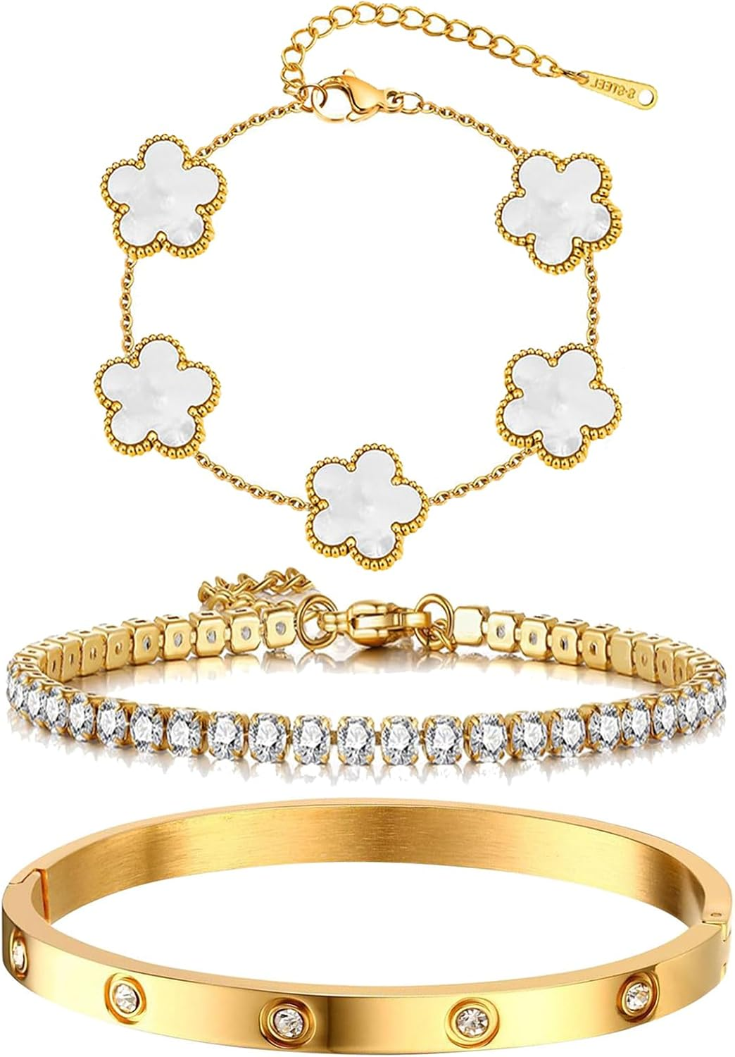 18K Gold Plated Bracelet Sets for Women - 3PCS Stackable Bracelets Including Bangle, Tennis Chain & Four Leaf Clover Bracelet, Elegant Gold Jewelry Set for Everyday Wear, Gift for Her