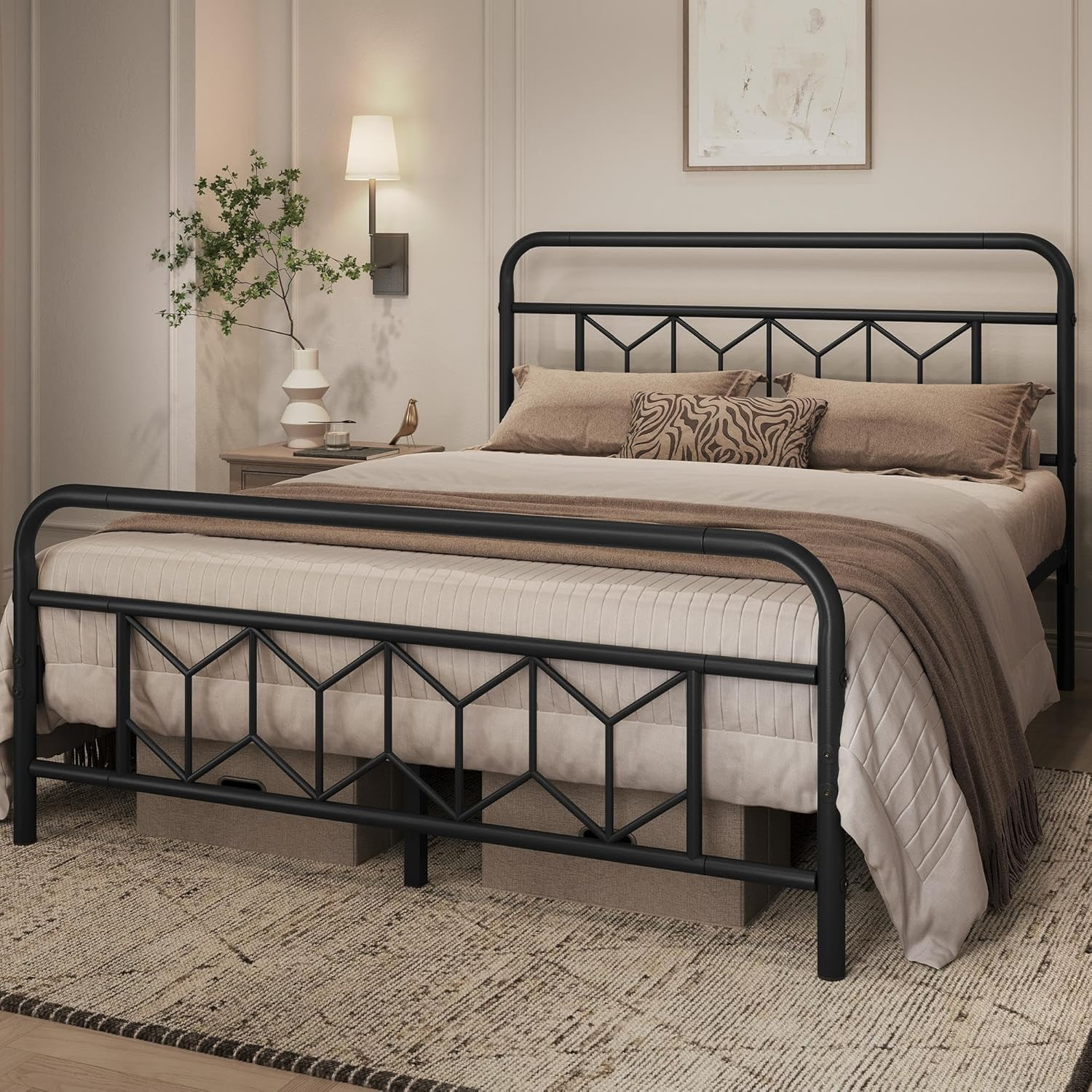 Queen Bed Frames Metal Platform Bed with Vintage Style Headboard/Mattress Foundation/No Box Spring Needed/Under Bed Storage/Strong Slat Support Black Queen Bed