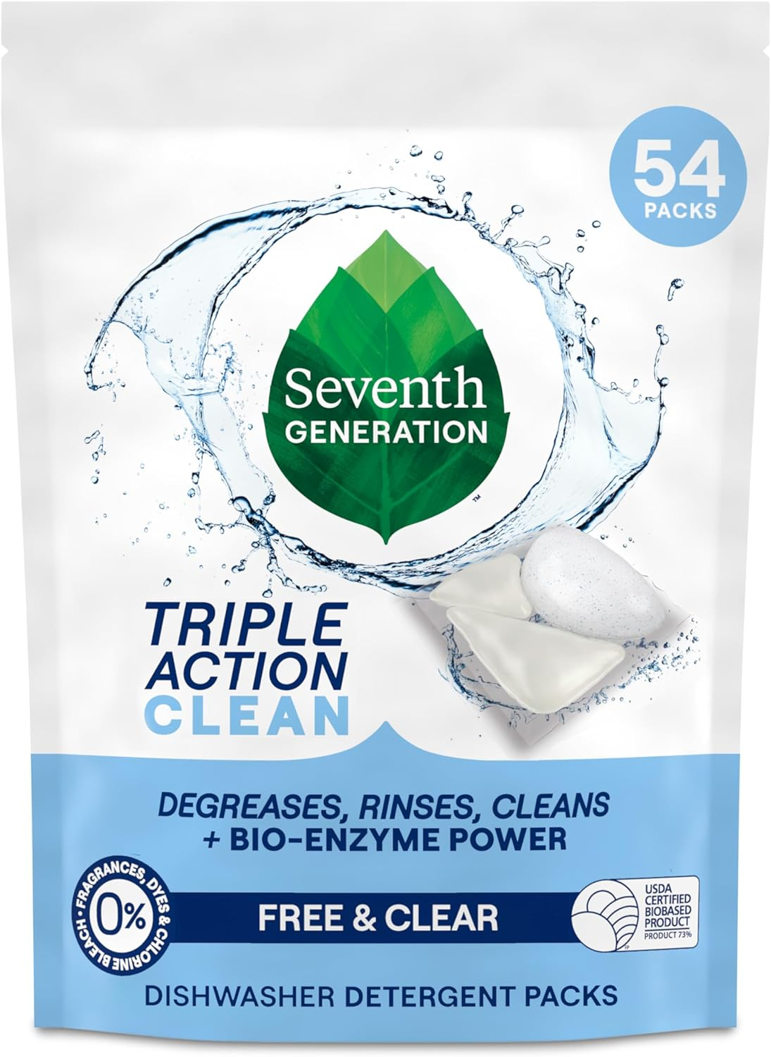 Seventh Generation Triple Action Clean Automatic Dishwasher Detergent Packs with Bio-Enzyme Power, Free & Clear, Fights 48-Hour Stuck-On Food, 54 Count
