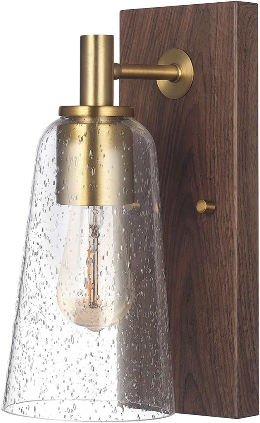 Electric 65000051 1-Light Wall Sconce, Dark Wood Toned, Matte Brass Accents, Seeded Glass Shade, E26 Base Socket, Lights for Living Room, House Décor, Interior Lighting, Home Improvement