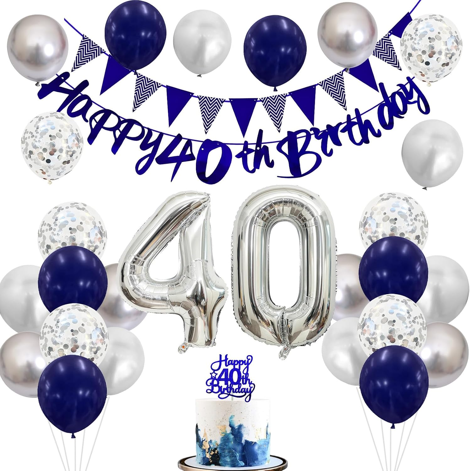 40th Birthday Decorations for Women Men, Blue Silver 40th Birthday Balloons ...