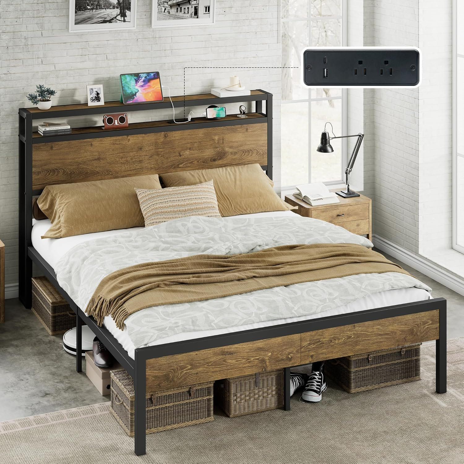Queen Size Bed Frame with Storage Headboard & Charging Station, Industrial Metal Platform Bed with Large Under-Bed Storage, Heavy Duty Slats, No Box Spring Needed, Rustic Brown