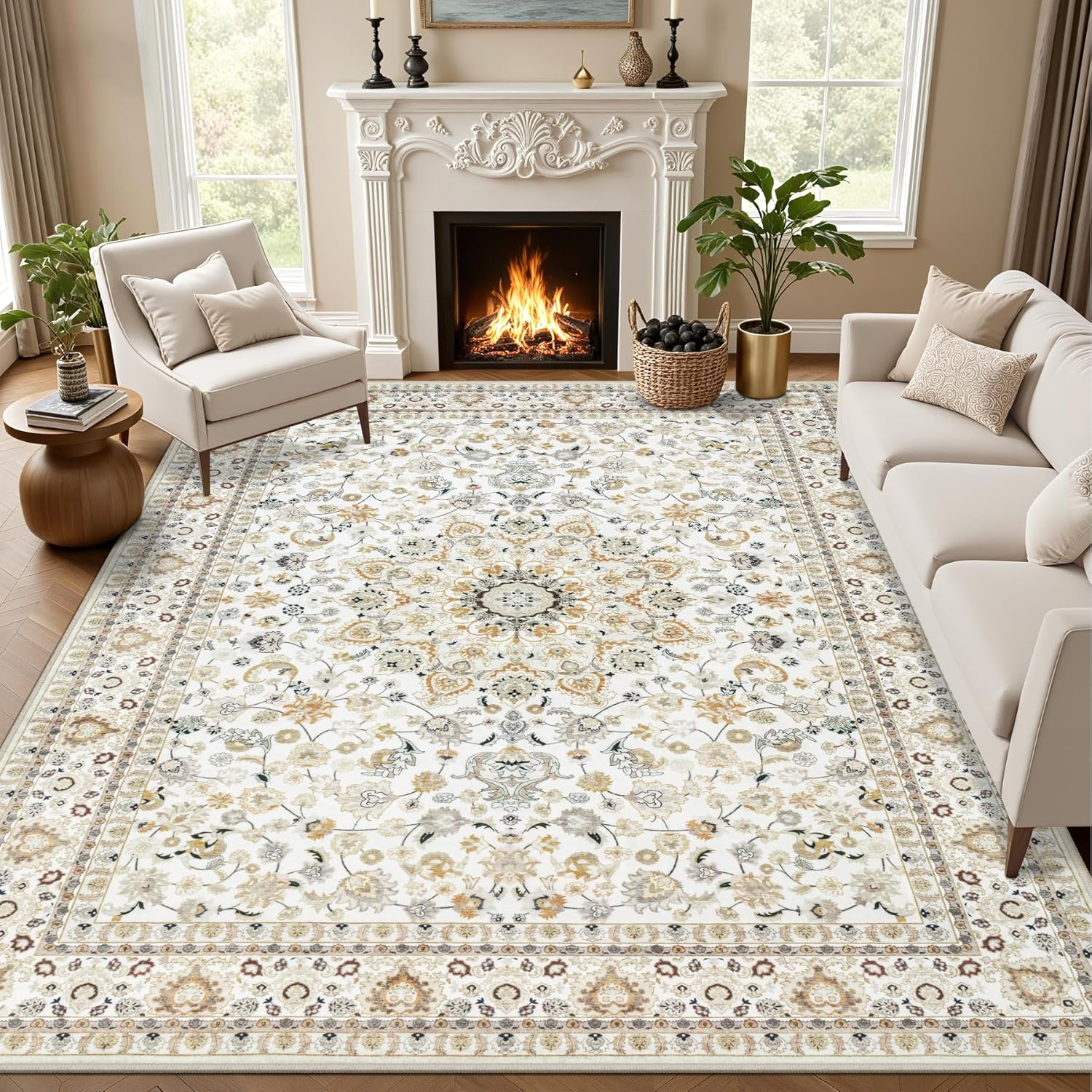 5X7 Area Rugs Living Room Rug: Washable Vintage Boho Rug No Slip Stain Resistant Soft Carpet Indoor Floor Floral Large Carpets for Bedroom Dining Room Farmhouse Nursery Hallway Home Office Beige