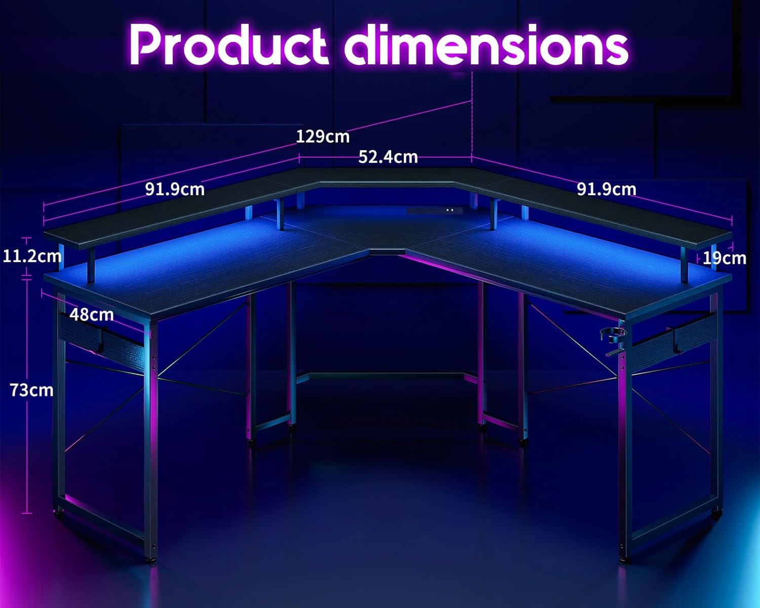 ODK Gaming Desk L Shaped with 10 Colour Lights&Power Outlet, L Shaped Desk Co... - Picture 4 of 14