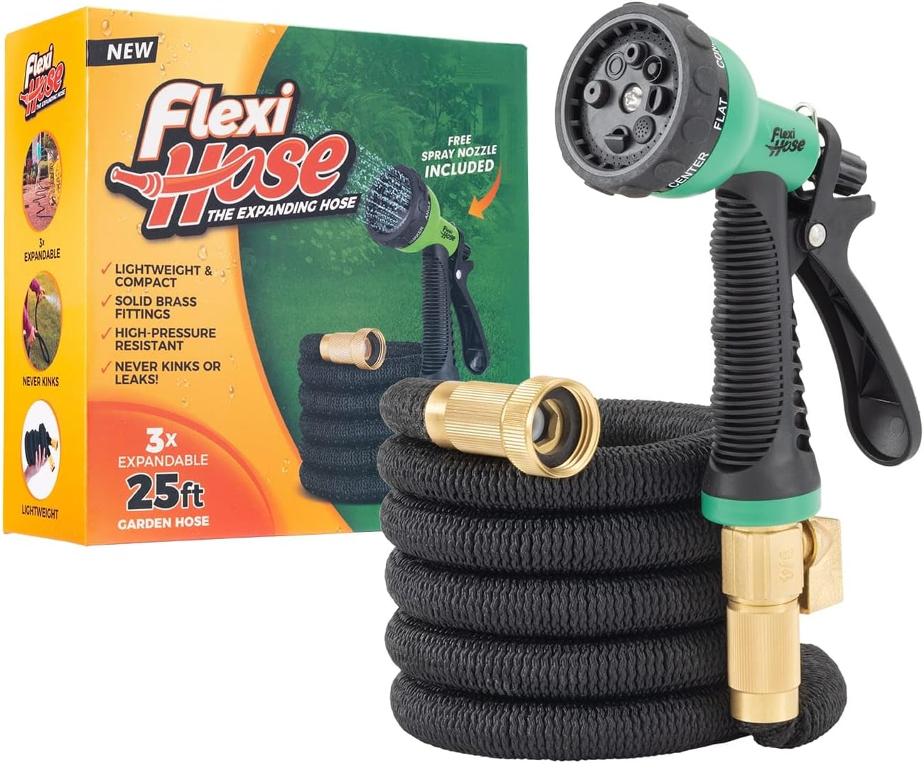 25FT Expandable Garden Hose with 8 Function Nozzle & Brass Fittings