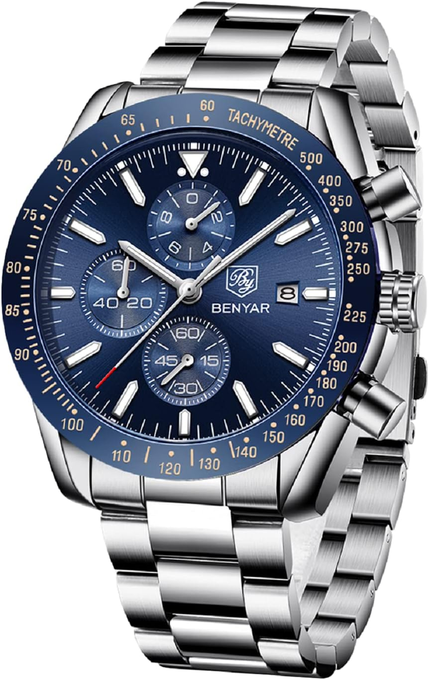BENYAR Men’s Stainless Steel Chronograph Watch Waterproof Quartz Luminous Gift