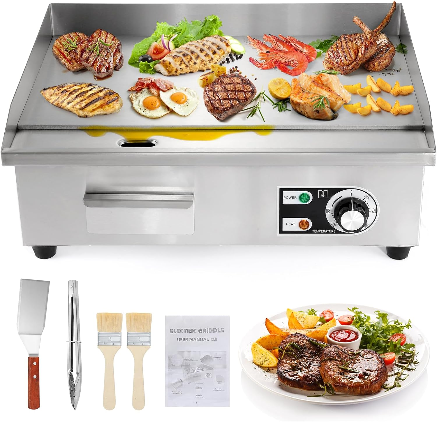 Commercial Electric Griddle 22'' Flat Top Grill Countertop Griddle 3000W 110V Stainless Steel Teppanyaki Grill Large Griddles for Restaurant Kitchen