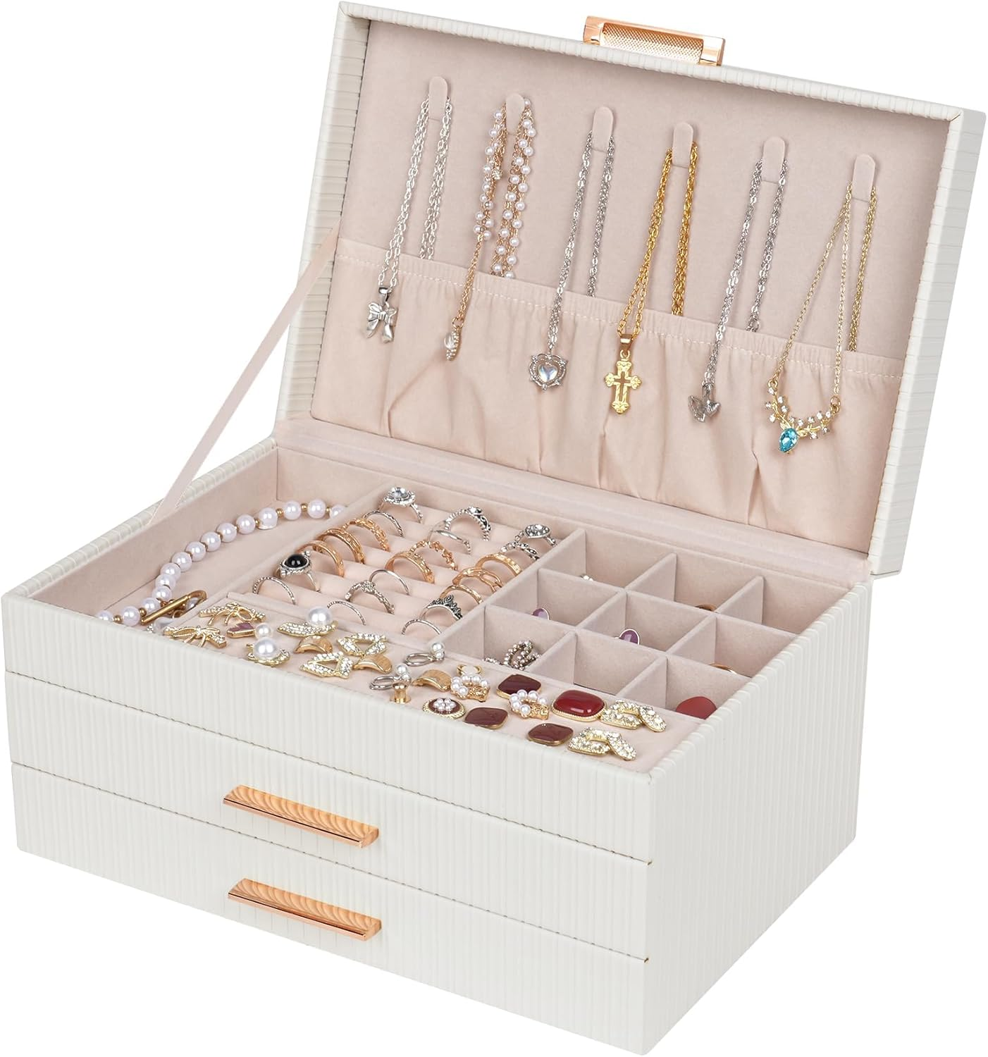 Jewelry Boxes for Women, Jewelry Box Organizer with 2 Drawers, 3-Tier Large Jewelry Holder Organizer Box for Necklace Ring Earring Bracelet, Gift Idea, Modern Style (White)