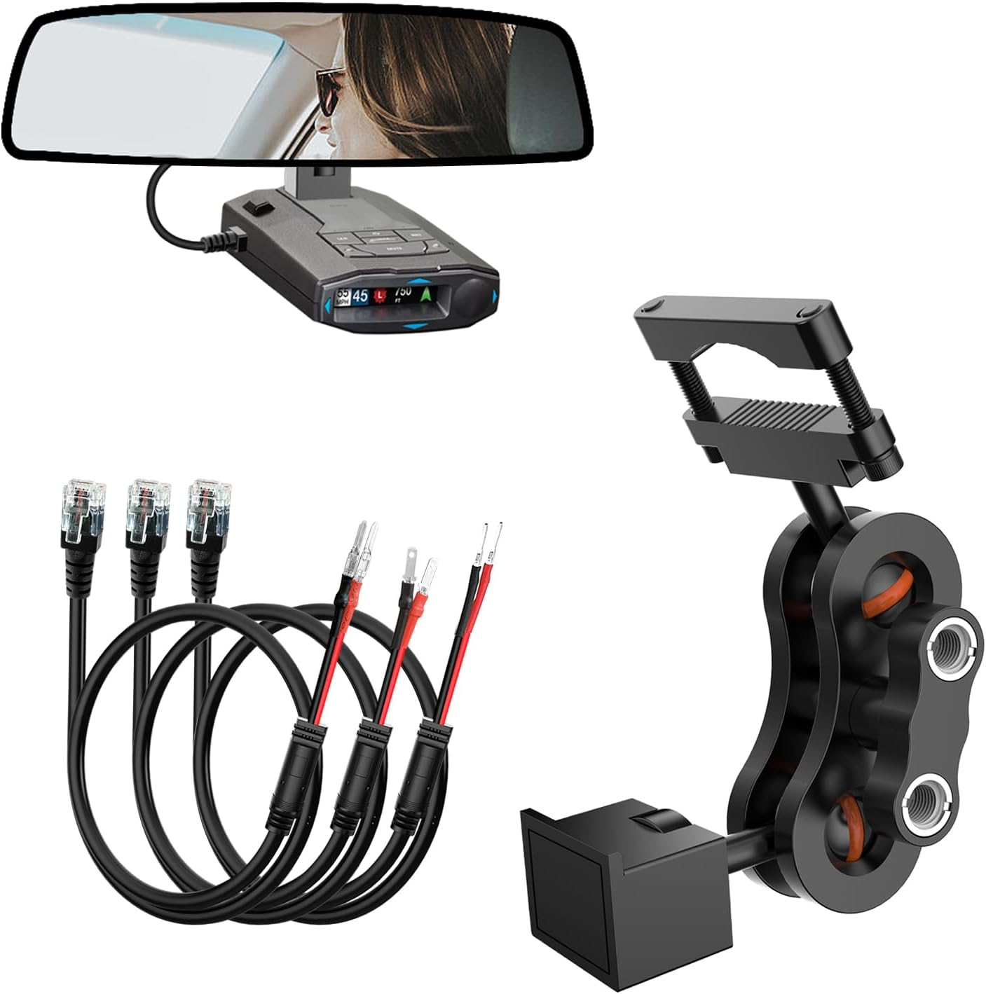 Radar Detector Mount,Rearview Mirror Rod Radar Mounting Bracket+Rearview Mirror Hard Wire Power Cord Kit16,With Inline Fuse (For Radar Base with EZ Magnet Connection)