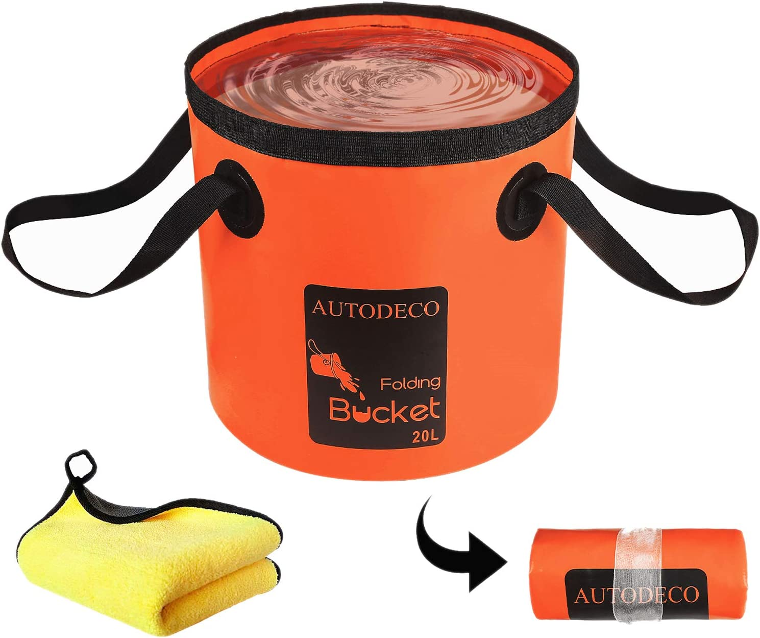 AUTODECO Collapsible Bucket 5 Gallon Container Folding Water Bucket Portable Wash Basin for Camping Fishing Travelling Outdoor Gardening Car Washing Orange 1Pcs 20L