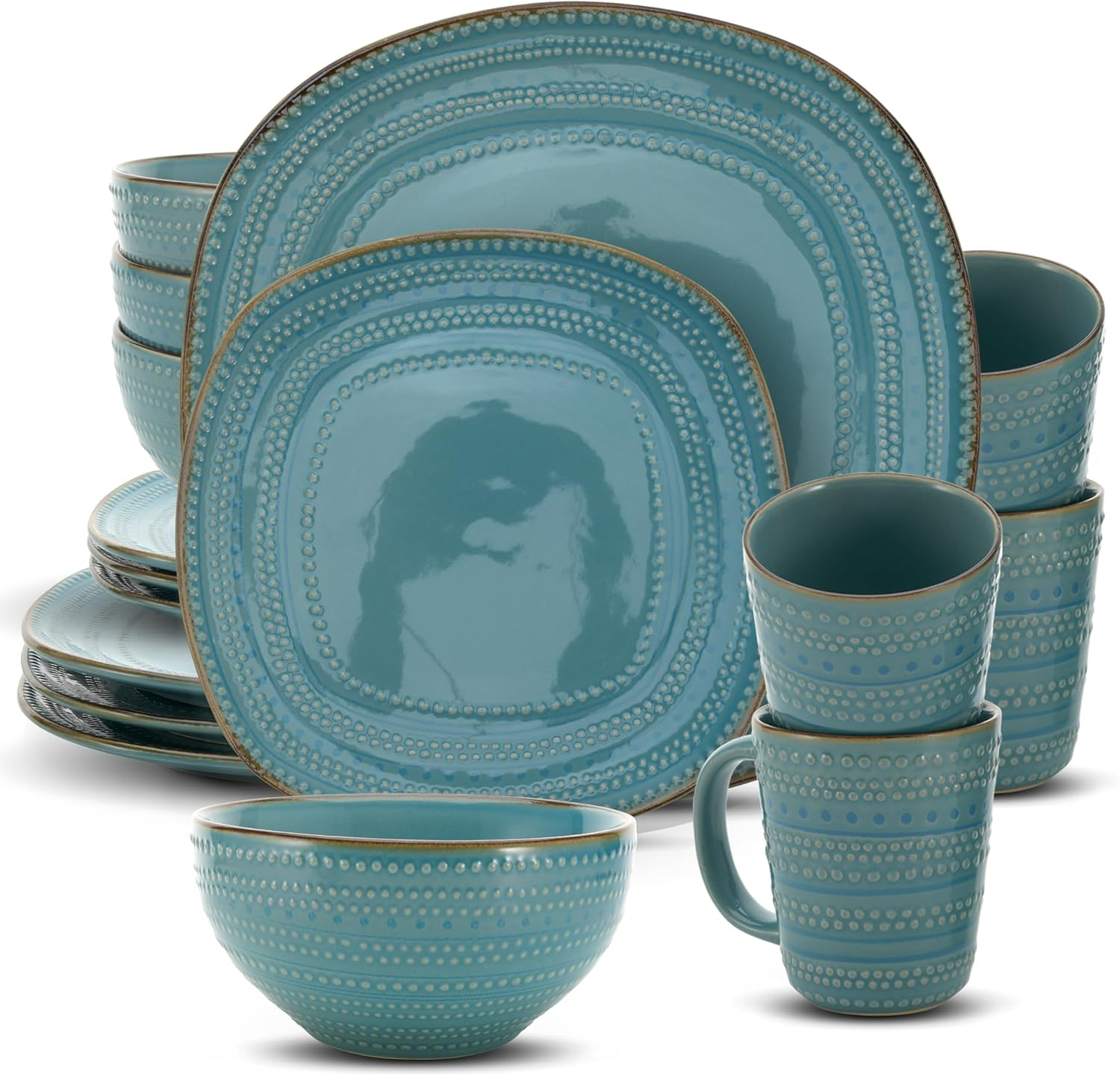 16-Piece Teal Stoneware Dinnerware Set - Includes Dinner Plates, Salad Plates, Bowls, Mugs