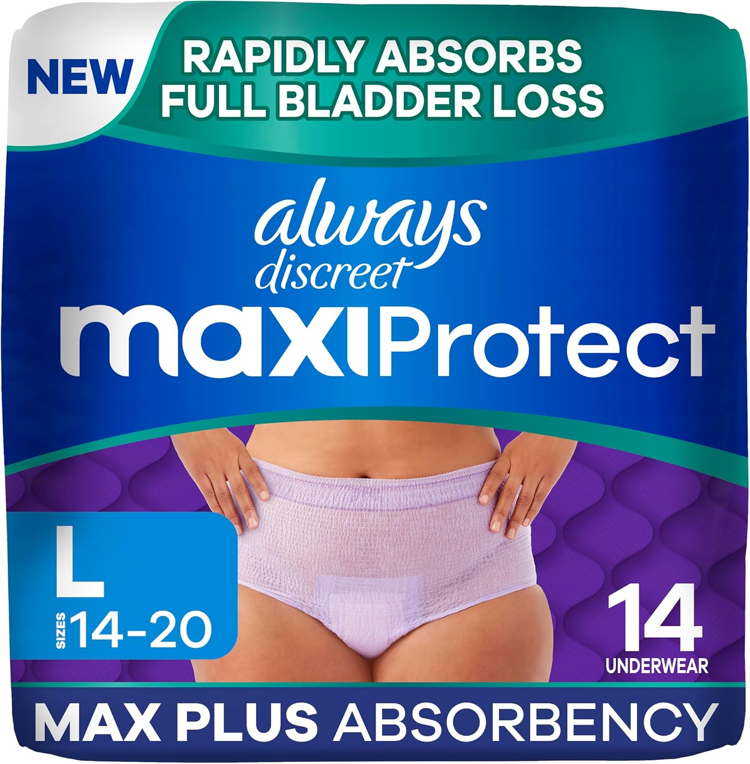 Always Discreet Maxiprotect Adult Diapers for Women, Incontinence Underwear, Postpartum Essentials, Bladder Leak Protection, Disposable Briefs, Maximum plus Absorbency, Size L, 14 Count