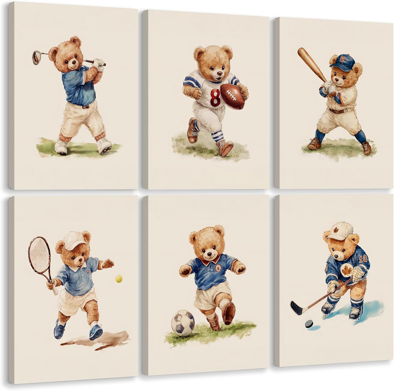 Nursery Bear Sports Wall Art Vintage Boy Room Canvas Wall Decor Baby Teddy Bear Pictures Boy Nursery Art Prints Kids Animal Poster Artwork for Toddler Bedroom Playroom 12X16 Inch Ready to Hang 6Pcs