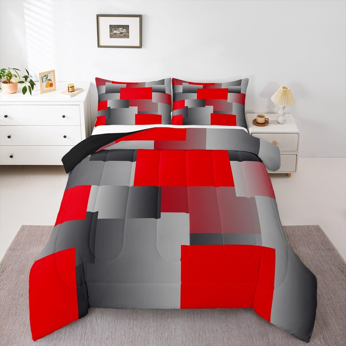Red Geometric Bedding Comforter Sets Modern Abstract Art Bedding Set Full Black Grey Rendering Geometrical Comforter Set for Kids Teen Adults,Rectangle Check Grid Quilt Duvet