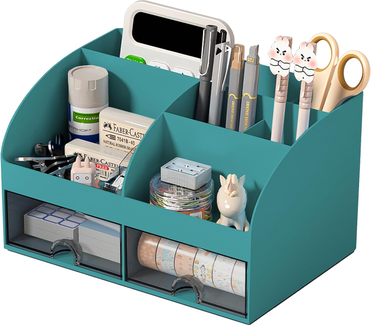 Desk Organizer with 6 Compartments and 2 Drawers, Plastic Makeup Organizer, Pen Holder for Desktop Storage, Desk Organization for School, Home, Office Supplies (Dark Green)