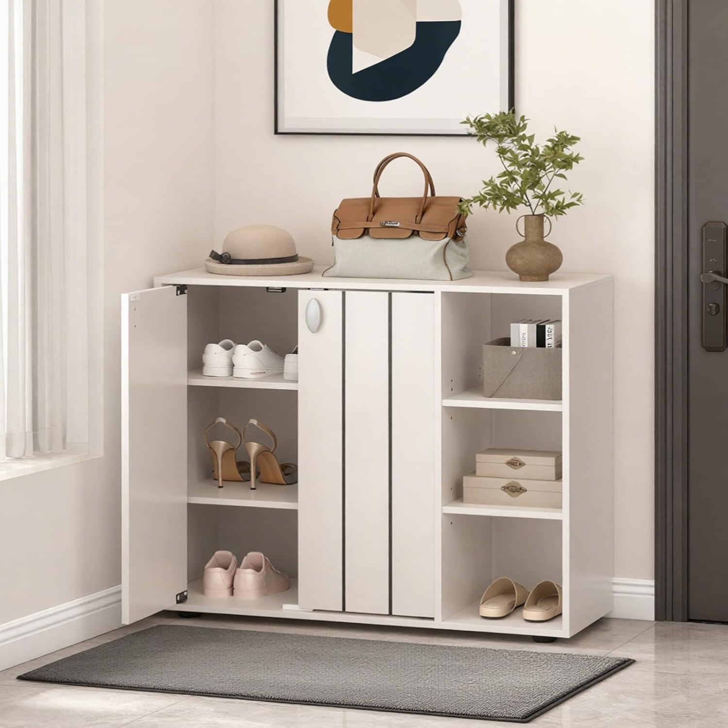 Wood Shoe Cabinet with Doors, Freestanding Shoe Rack Cabinet with 3-Level Adjustable Open Shelves, Modern Wooden Shoe Storage Cabinet for Entryway, Hallway, Closet, Living Room (White)