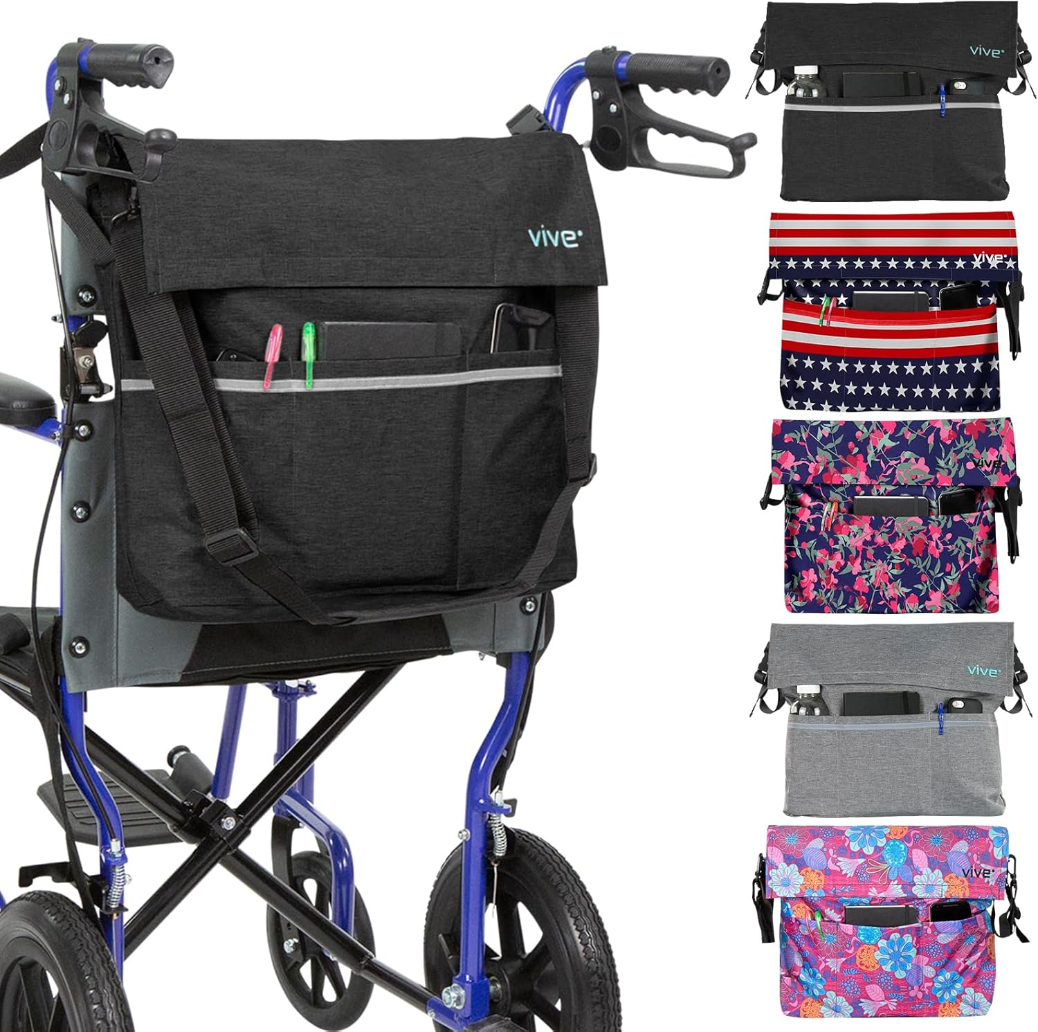 XL Wheelchair Accessories Bag - Waterproof, Scratch-Resistant, Double-Stitched, Machine Washable for Adults, Seniors, 15 Colors - Storage Walker Backpack to Hang on Back of Wheel Chair