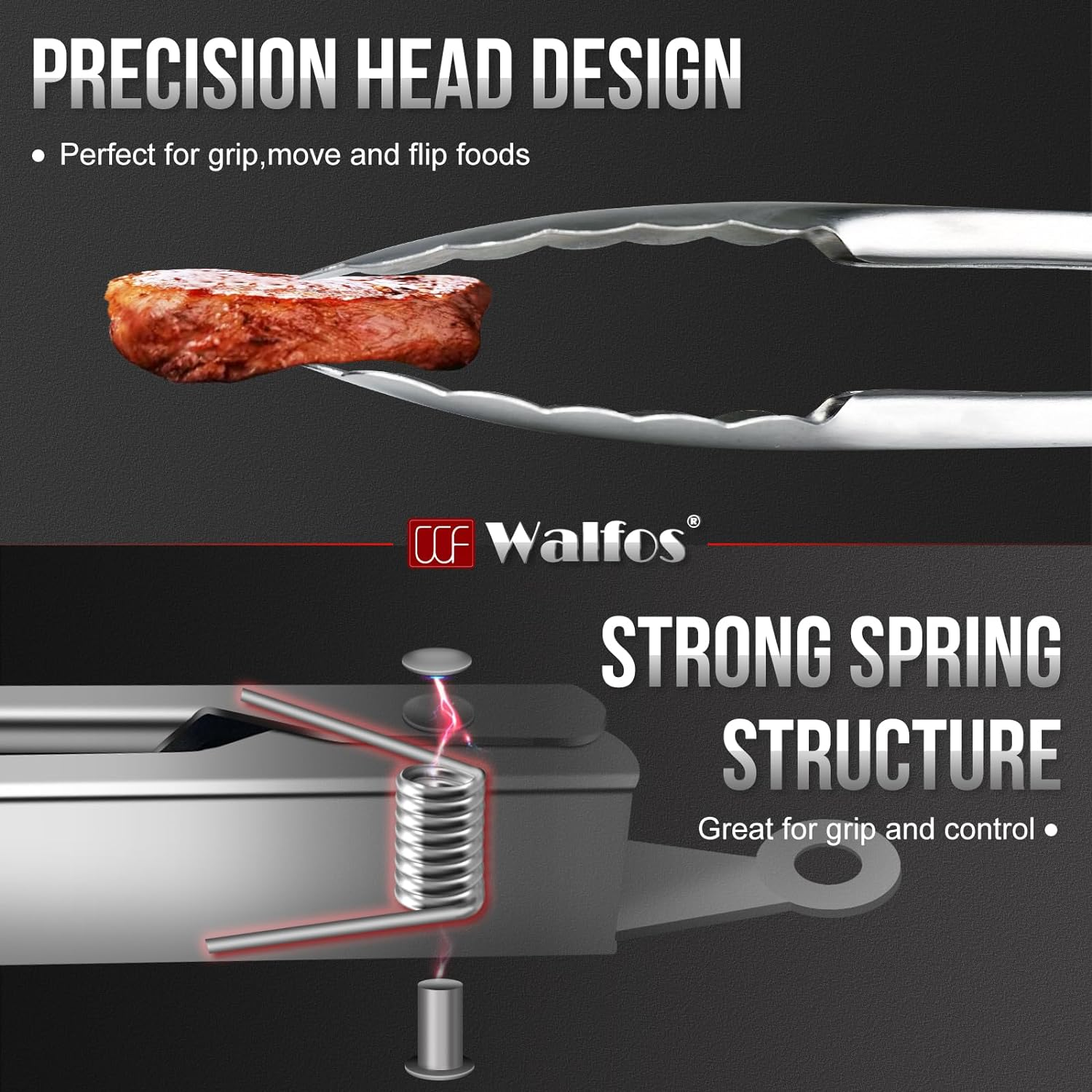 Walfos All Metal Kitchen Tongs for Cooking, BBQ Grilling, 600℉ Heat Resistant... - Picture 5 of 12