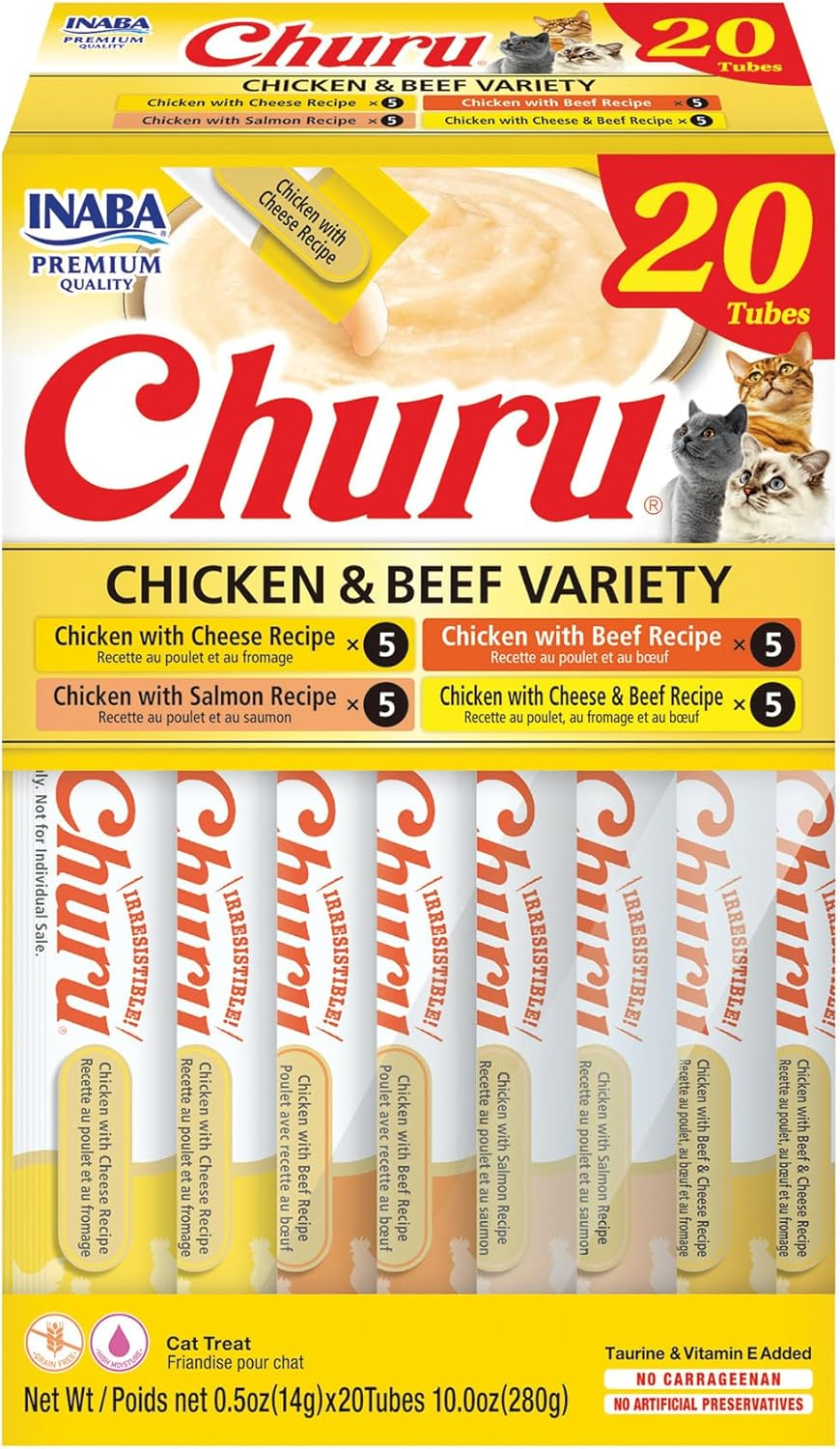 Churu Cat Treats Variety Box - Grain-Free Lickable Creamy Purée, 20 Tubes