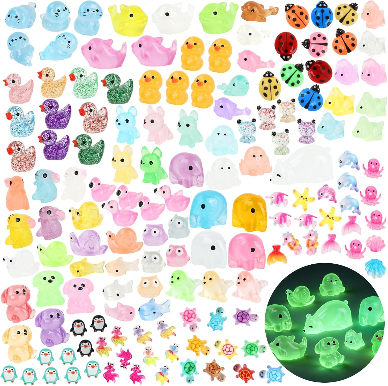 150PCS Mini Resin Animals Bulk, Various Luminous Plastic Tiny Animals Figures Glow in the Dark, for Dollhouse, Fairy Garden, Aquarium, Party Favors, Miniature, Landscape, Fish Tank, DIY