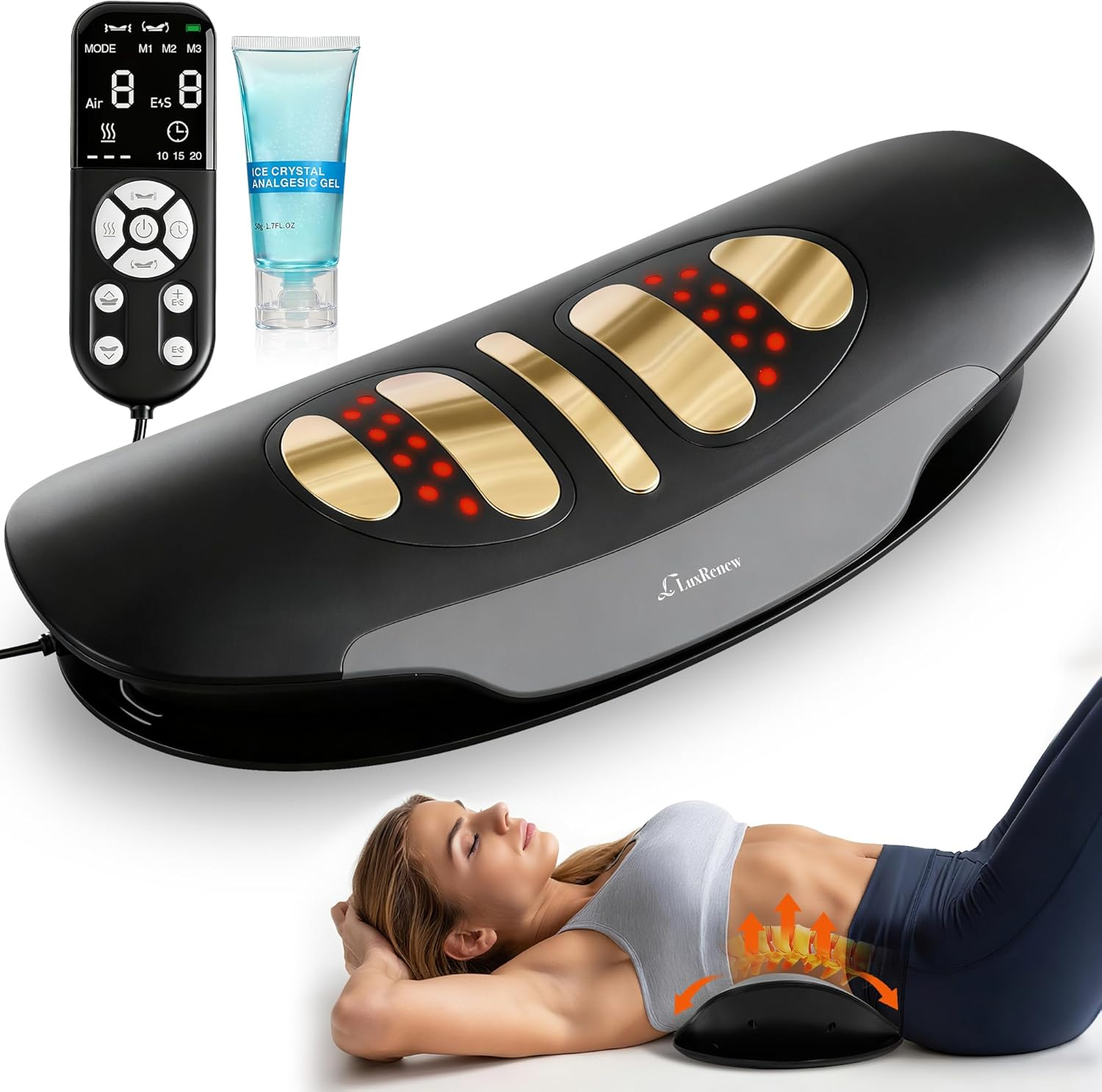 Electric Lumbar Traction Device for Lower Back Pain Relief, Multifunctional Lumbar Stretcher with Dynamic Traction, Red Light Therapy, 8-Level Electrotherapy, 3-Level Thermal Therapy, Vibration