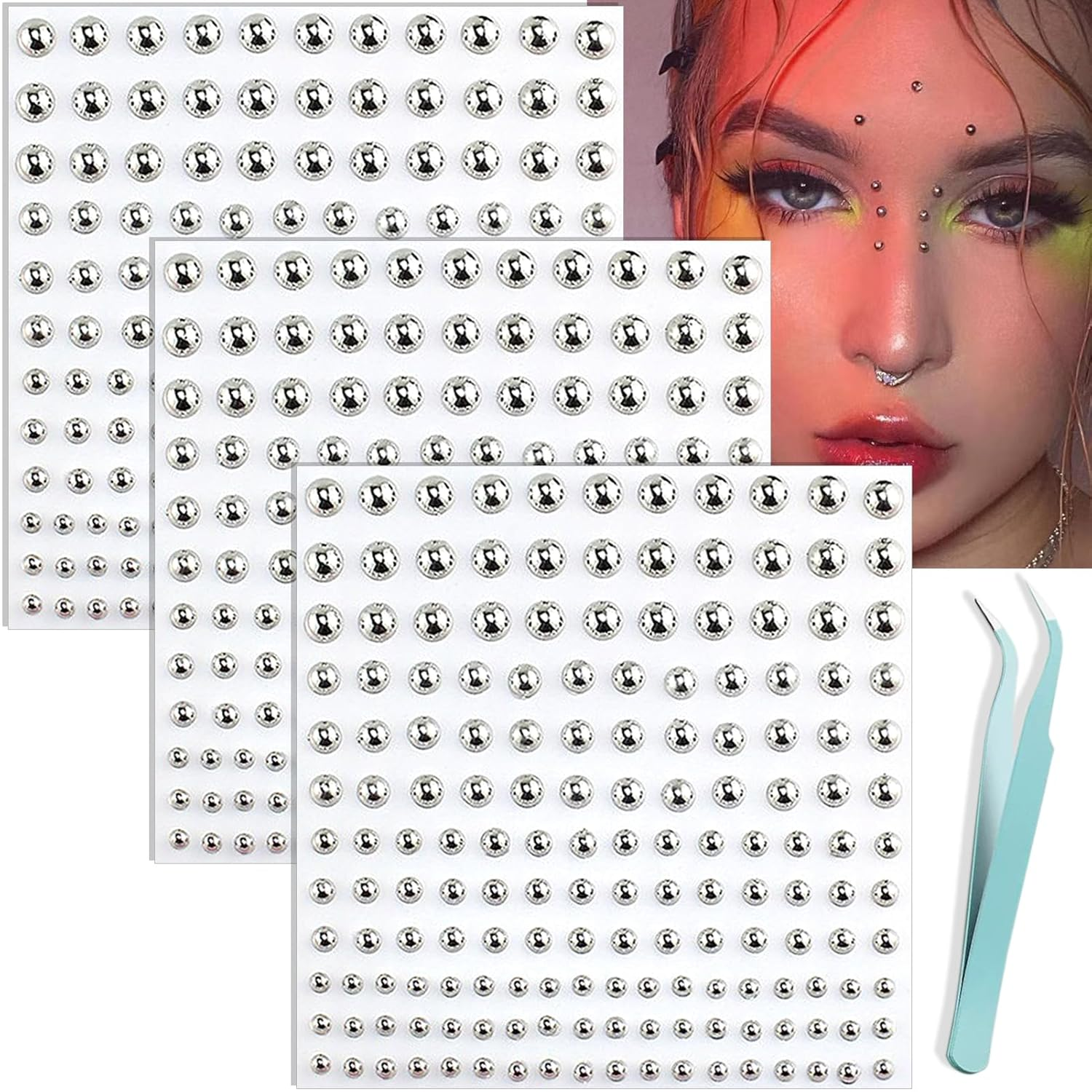 Face Gems Lip Stud, Fake Piercings Y2K Accessories Nose Stud Eyebrow Stud, Non Piercing Nose Stick on Silver Belly Button Sticker, Face Sticker Ring Cool Punk Y2K Makeup for Women Men
