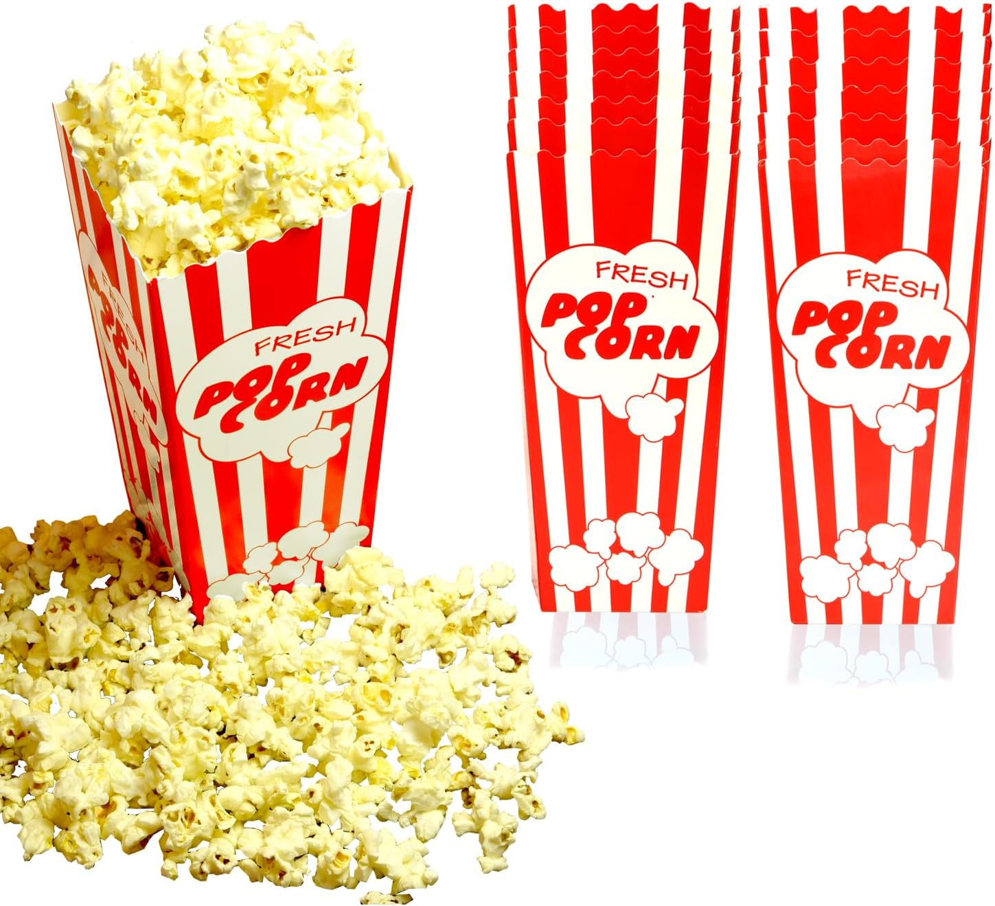 15 Movie Night Popcorn Paper Boxes Buckets 7.75 Inches Tall Large & Holds 46 Oz Old Fashion Vintage Retro Party Design Red & White Colored Nostalgic Carnival Stripes Bags & Tubs Various Qty Avail