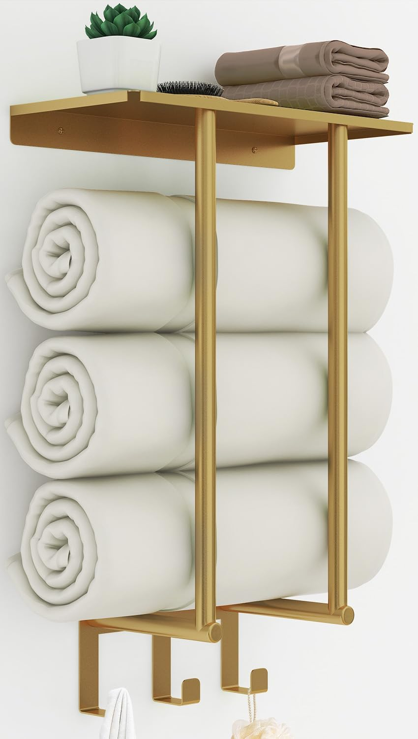 Gold Towel Rack with Metal Shelf & 3 Hooks - Wall Mounted Bathroom Storage