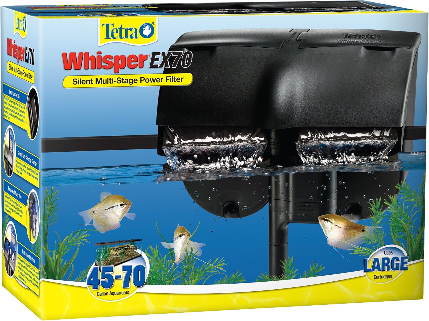 Whisper EX 70 Filter for 45 to 70 Gallon Aquariums, Silent Multi-Stage Filtration