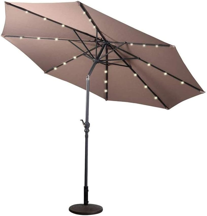 10FT Patio Umbrella with Lights Outdoor Solar Powered Sunbrella with Tilt Crank Umbrella for Garden Poolside Backyard Beach